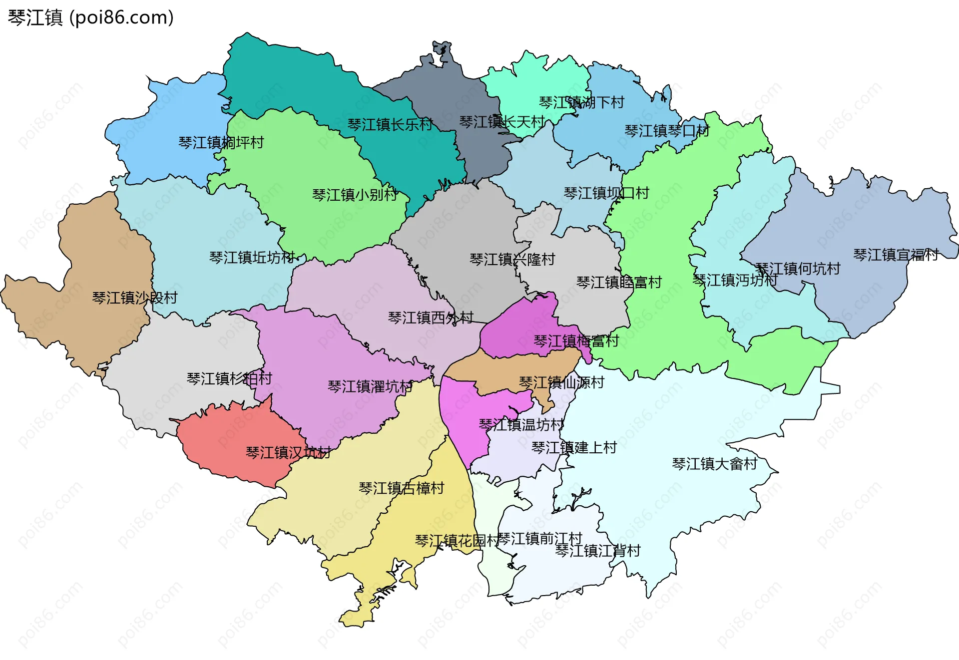 琴江镇边界地图(五级行政区划)