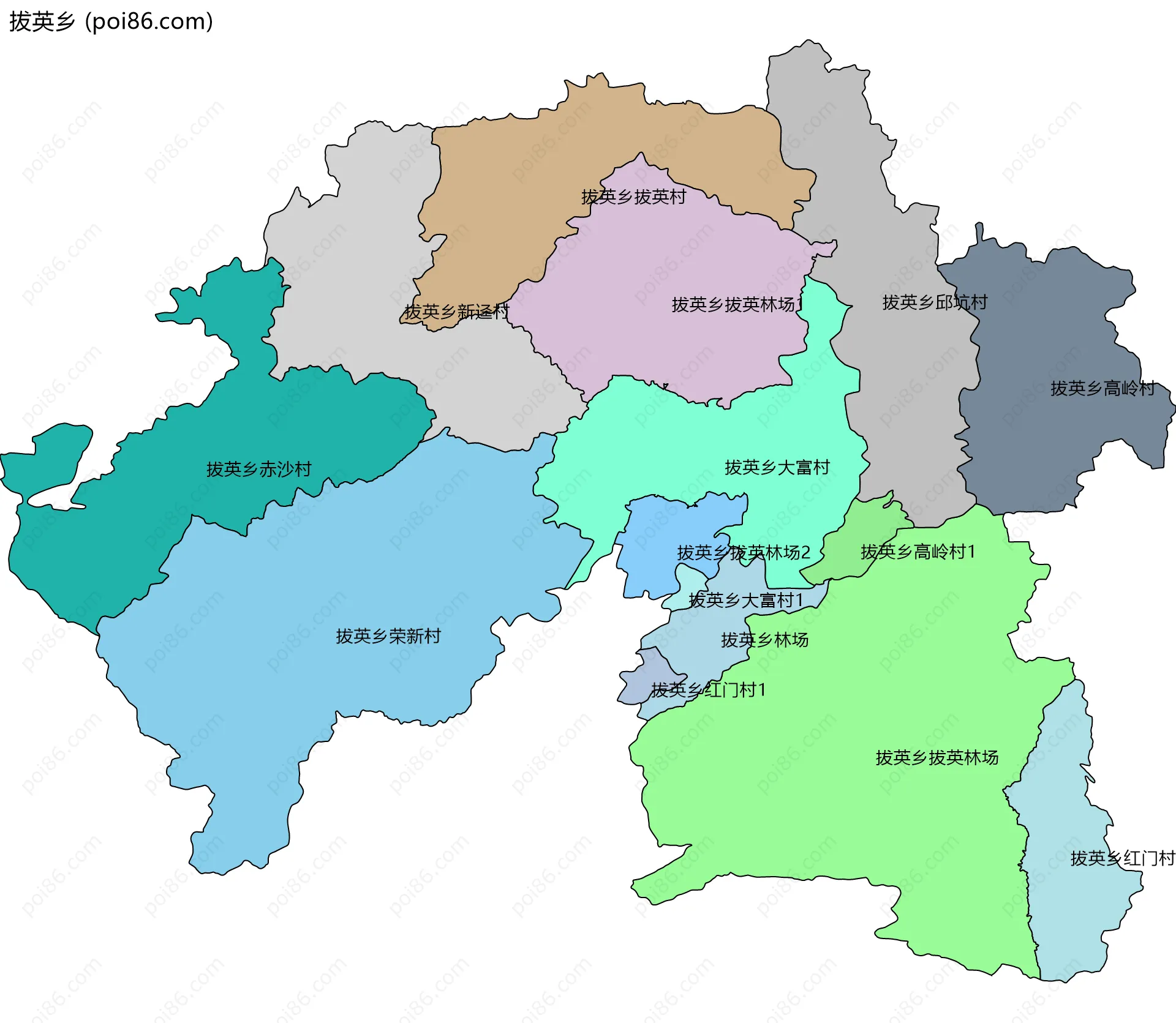 拔英乡边界地图(五级行政区划)