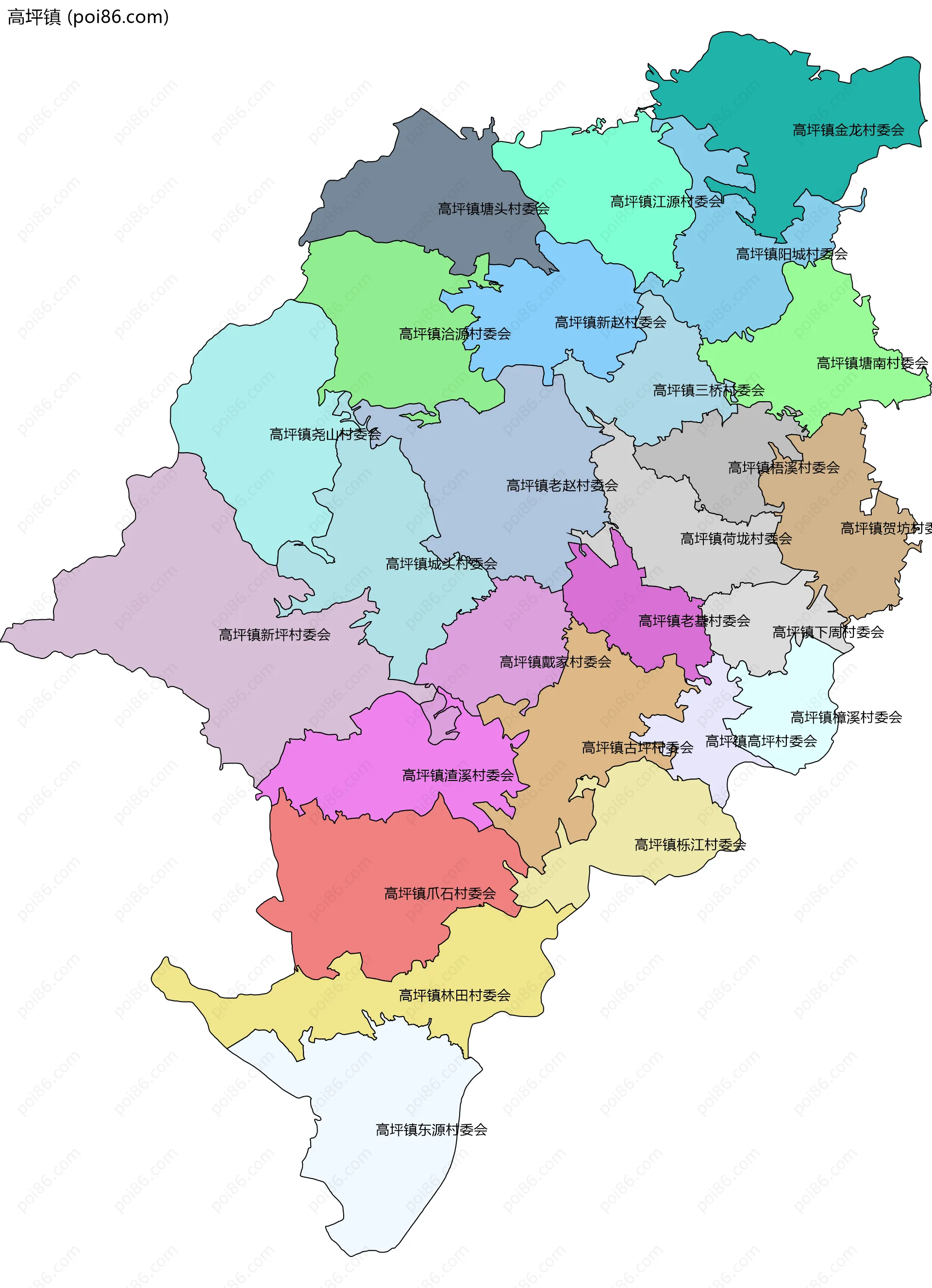 高坪镇边界地图(五级行政区划)