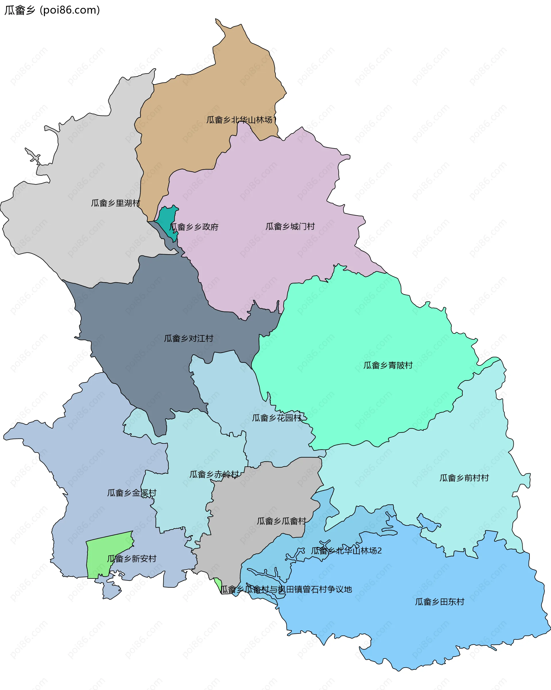 瓜畲乡边界地图(五级行政区划)