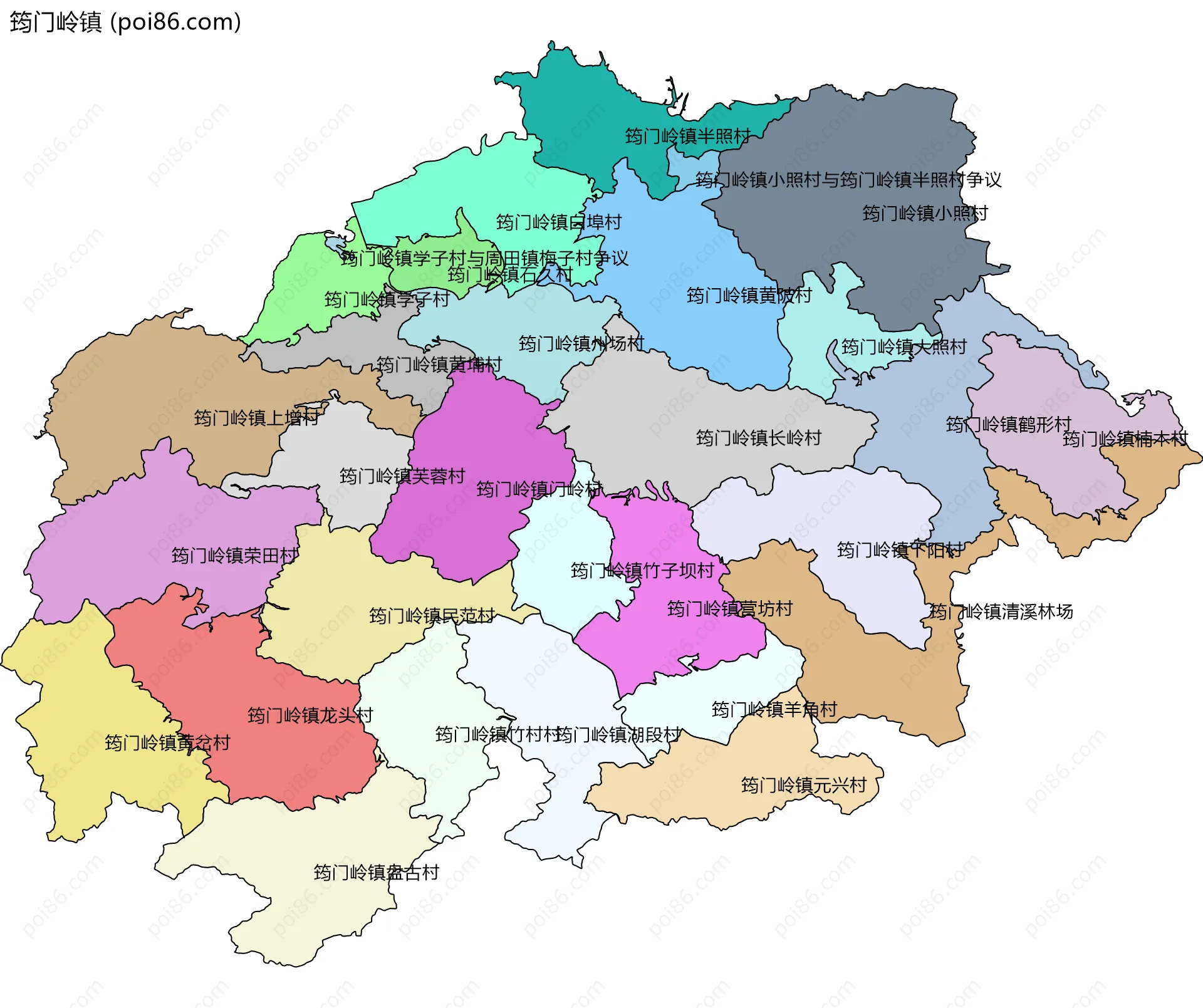 筠门岭镇边界地图(五级行政区划)