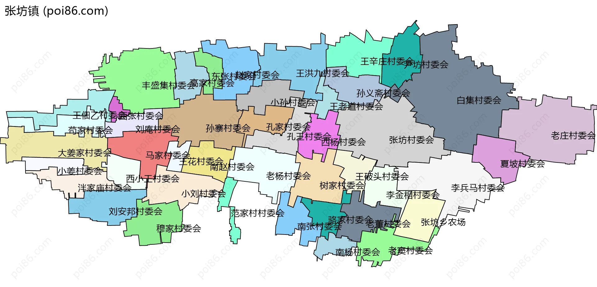 张坊镇边界地图(五级行政区划)