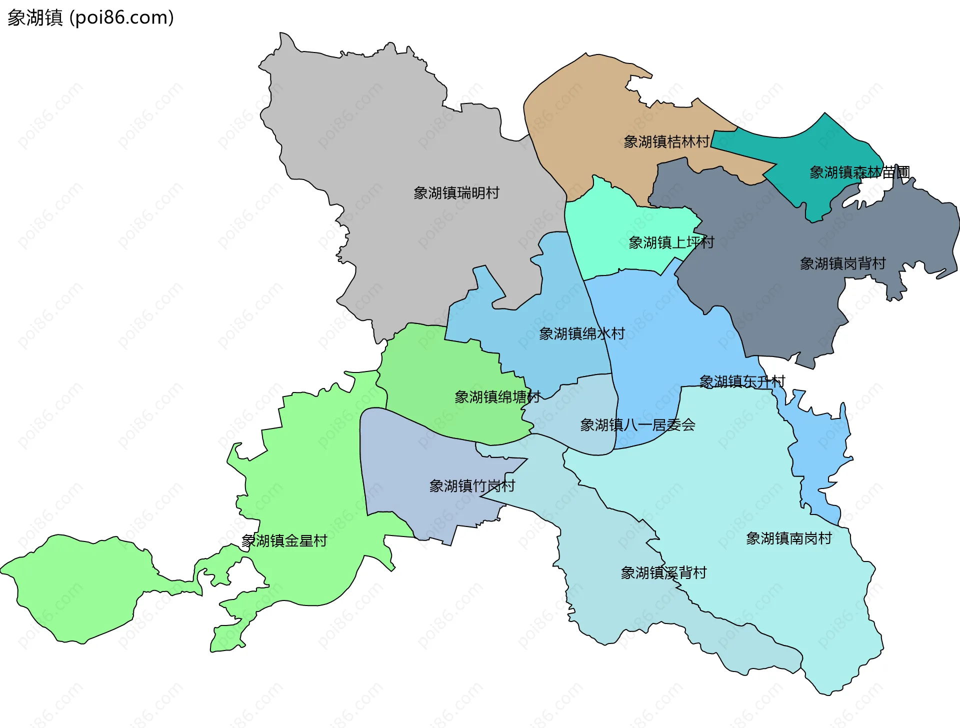 象湖镇边界地图(五级行政区划)