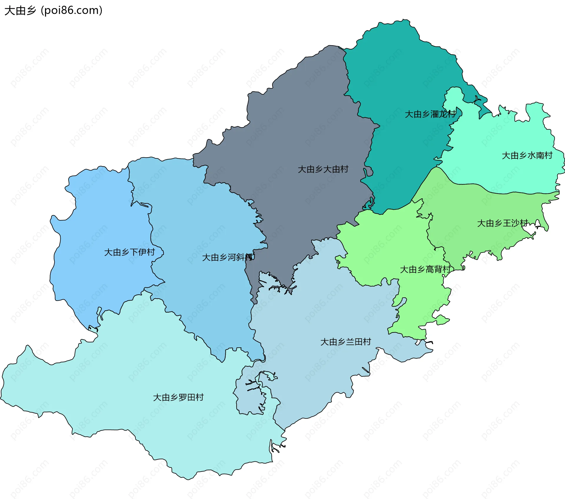 大由乡边界地图(五级行政区划)