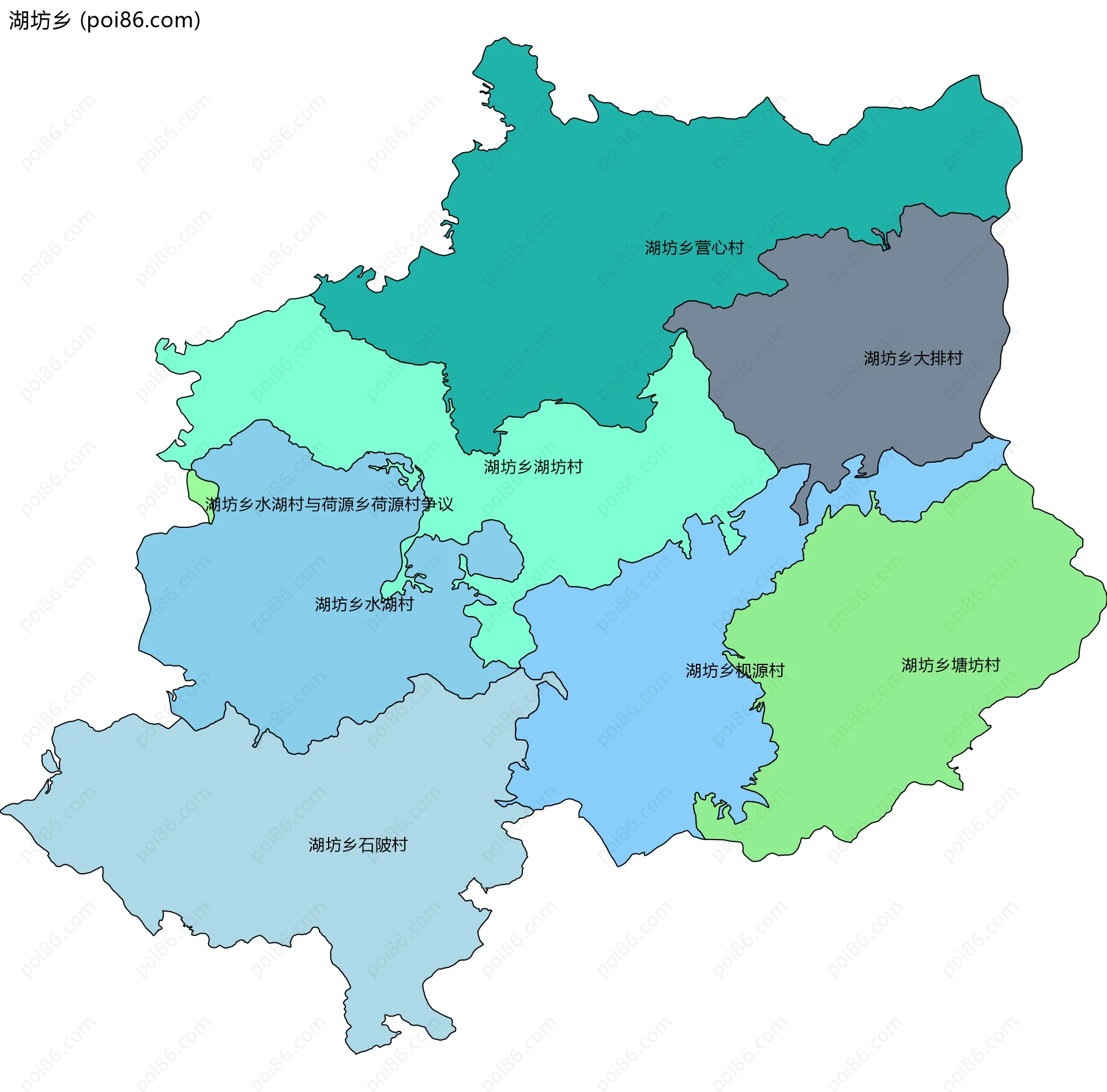 湖坊乡边界地图(五级行政区划)