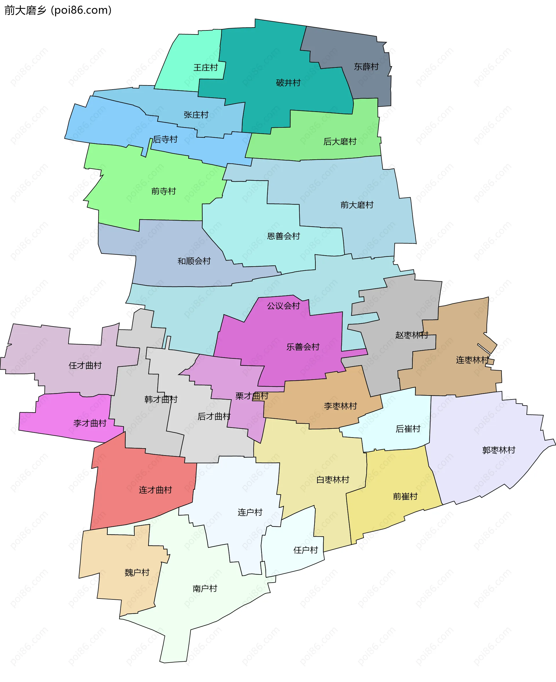 前大磨乡边界地图(五级行政区划)