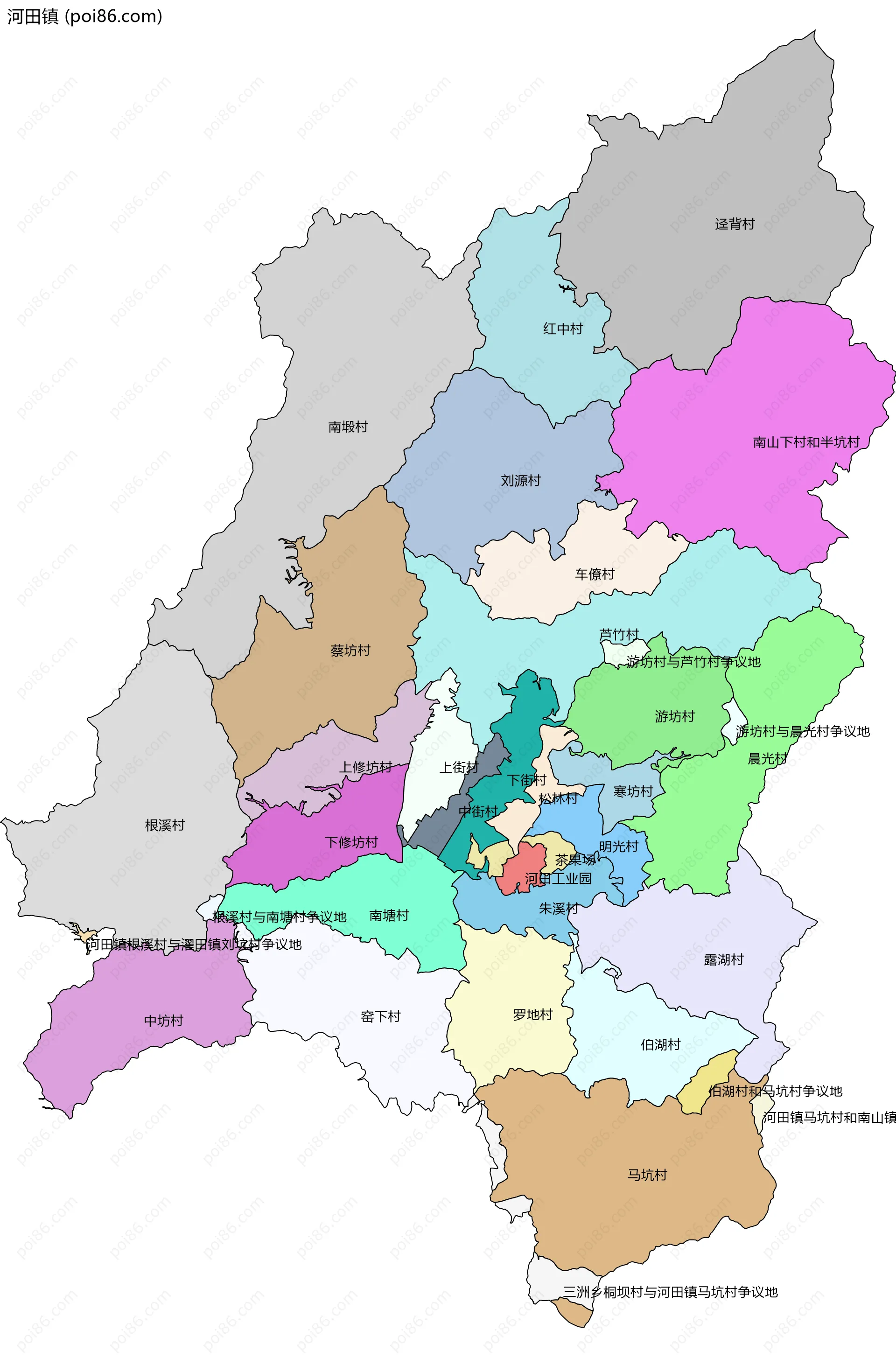 河田镇边界地图(五级行政区划)