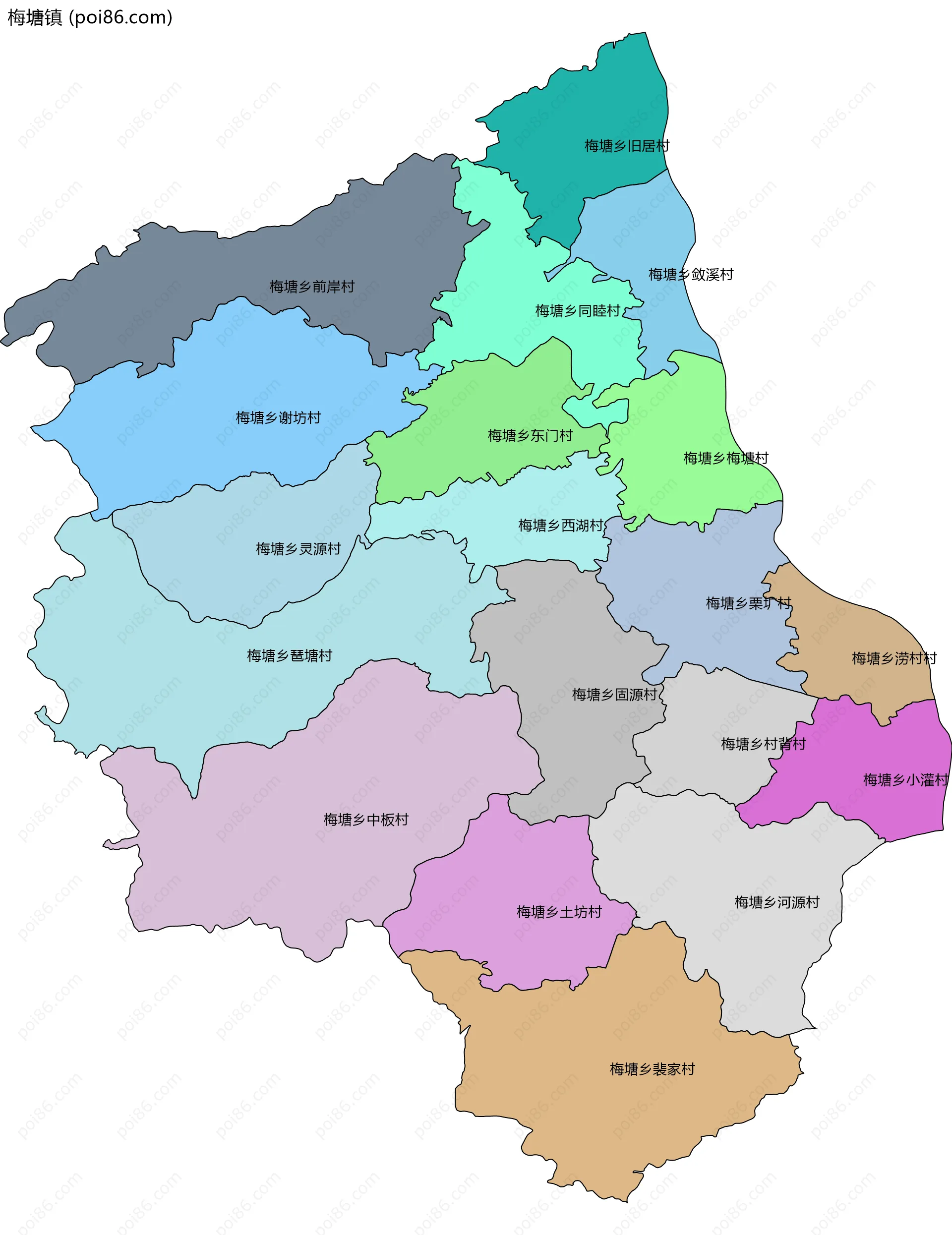 梅塘镇边界地图(五级行政区划)