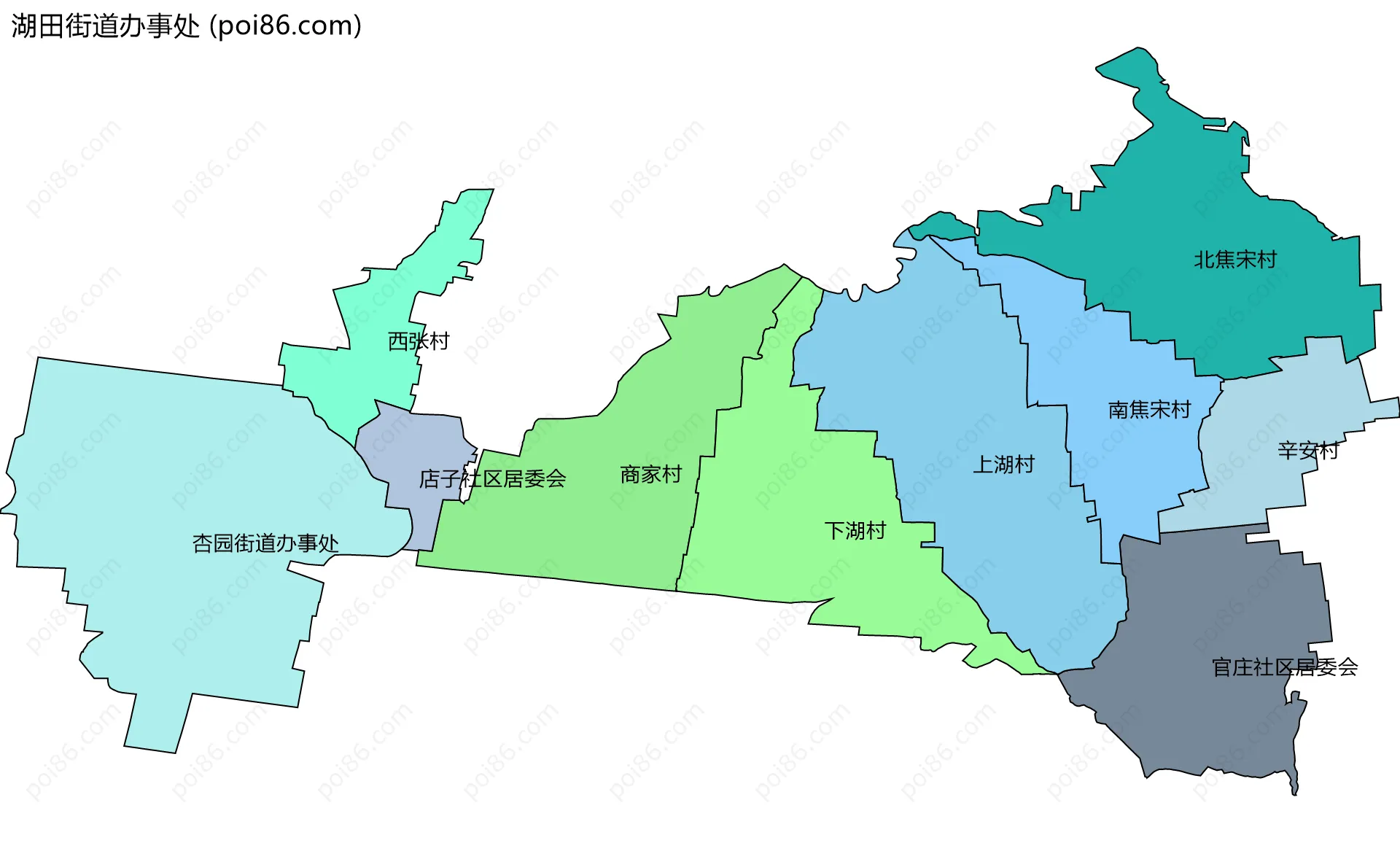 湖田街道办事处边界地图(五级行政区划)