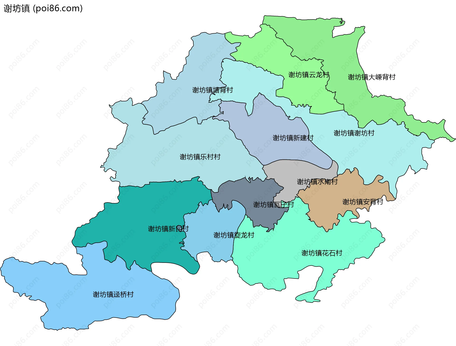 谢坊镇边界地图(五级行政区划)