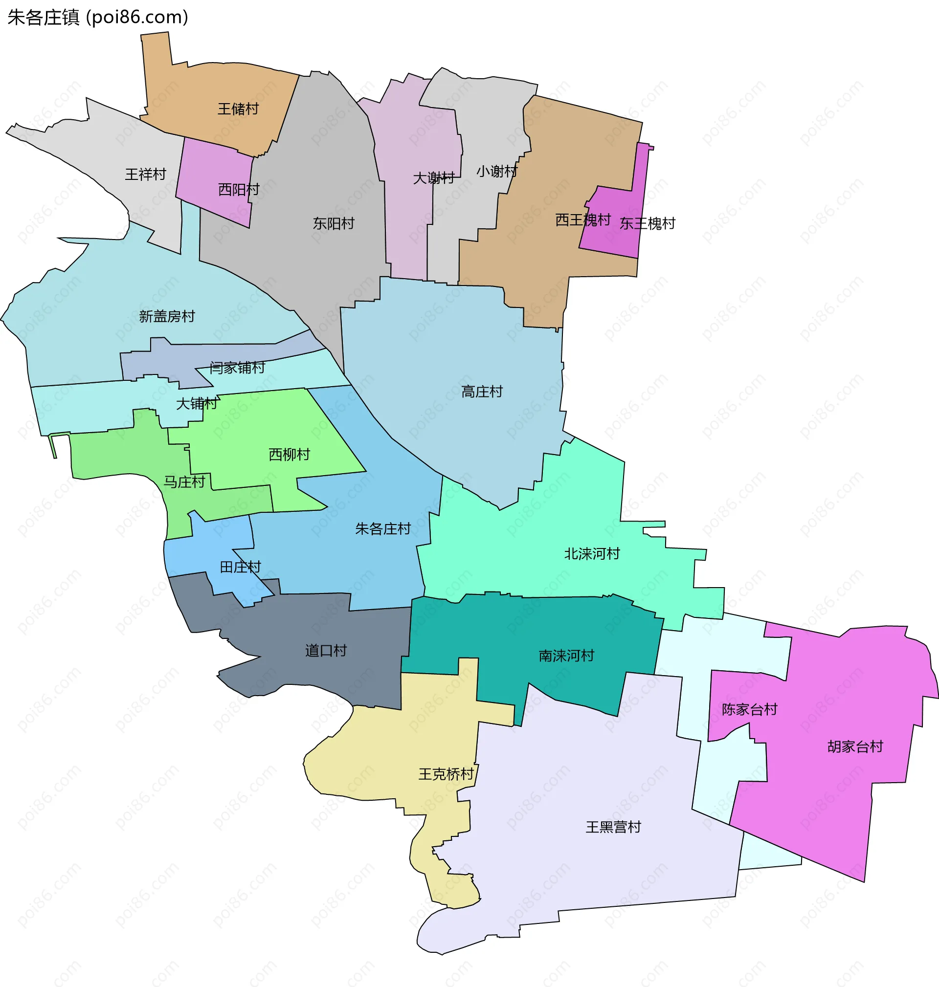 朱各庄镇边界地图(五级行政区划)