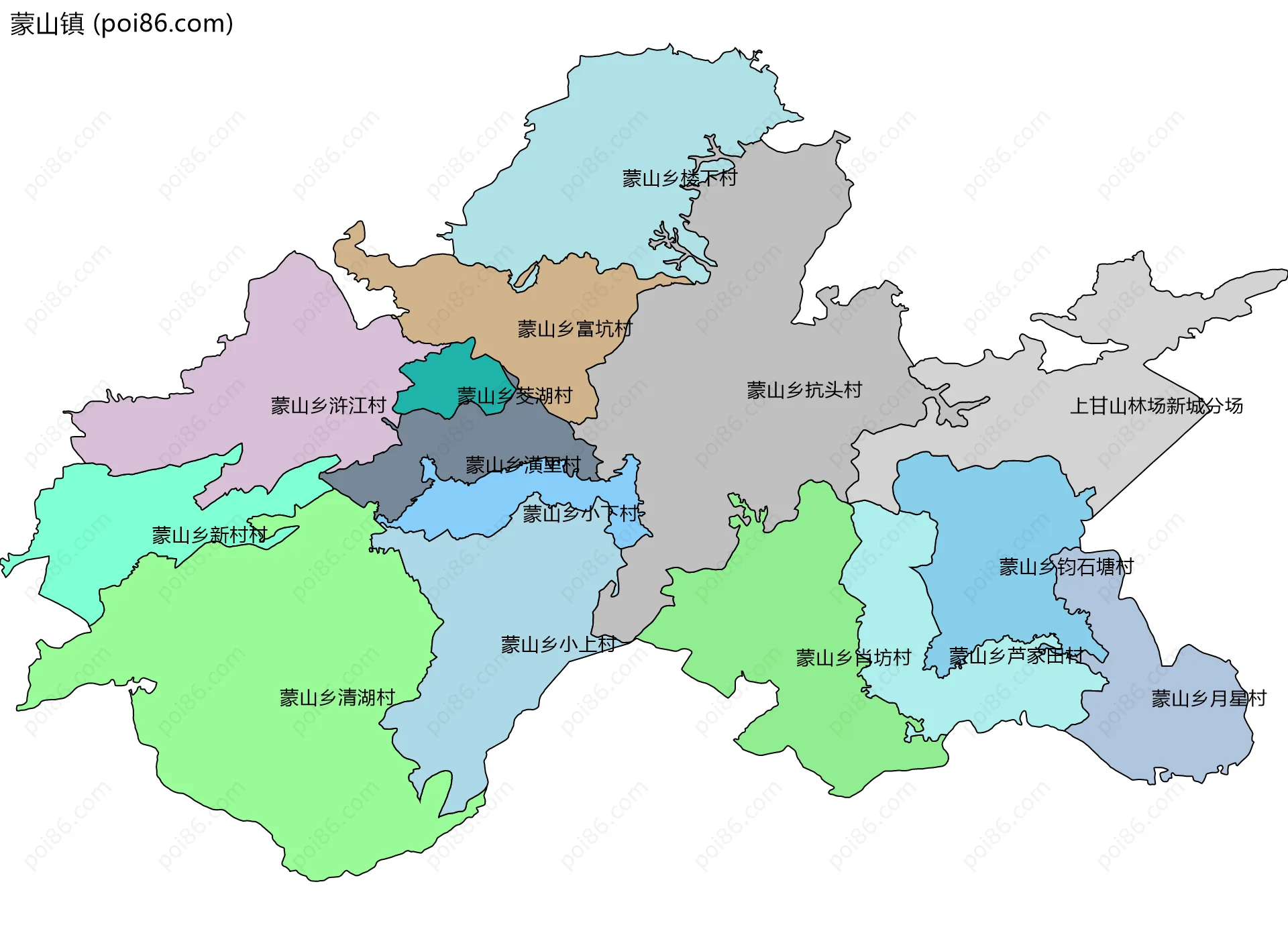 蒙山镇边界地图(五级行政区划)