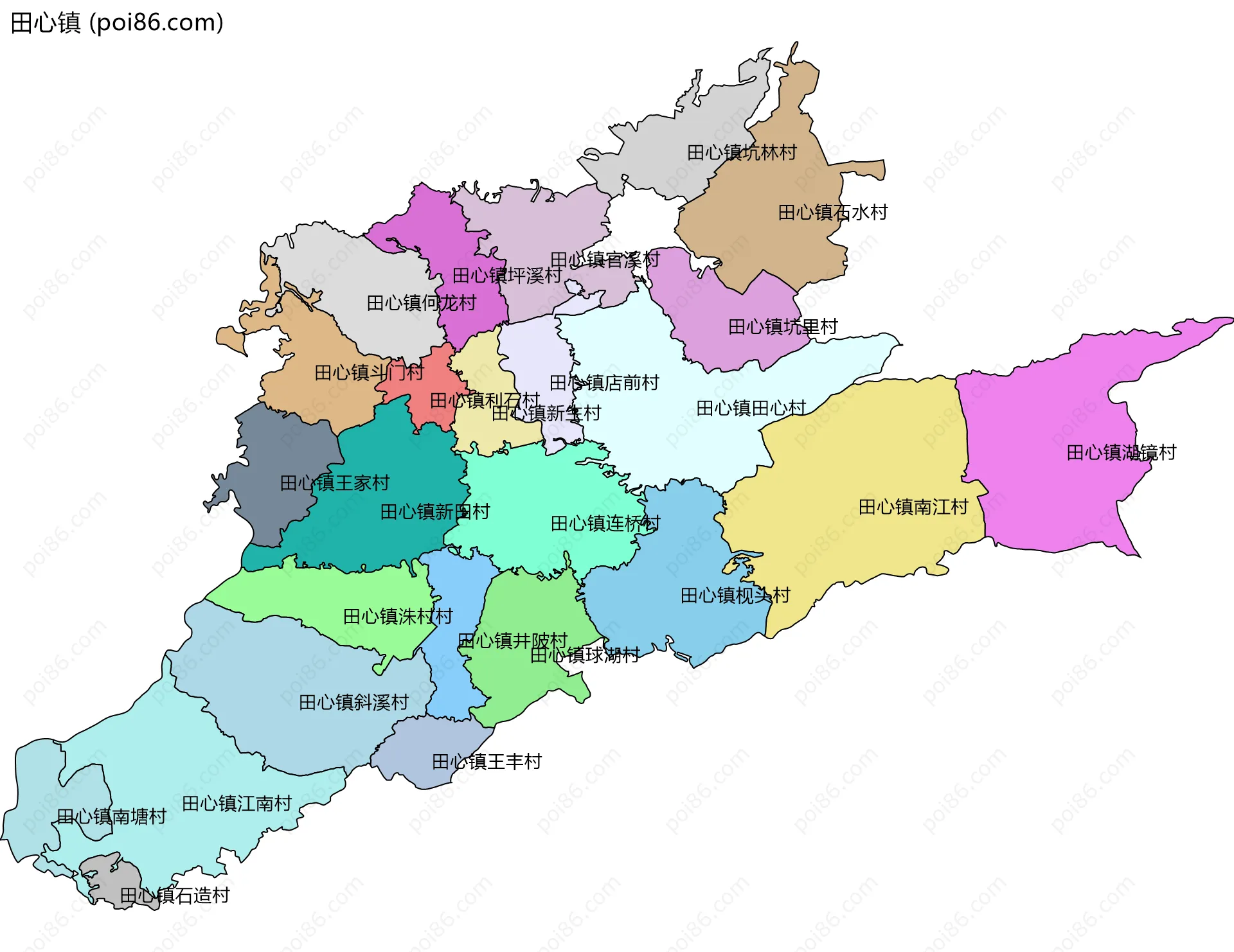 田心镇边界地图(五级行政区划)
