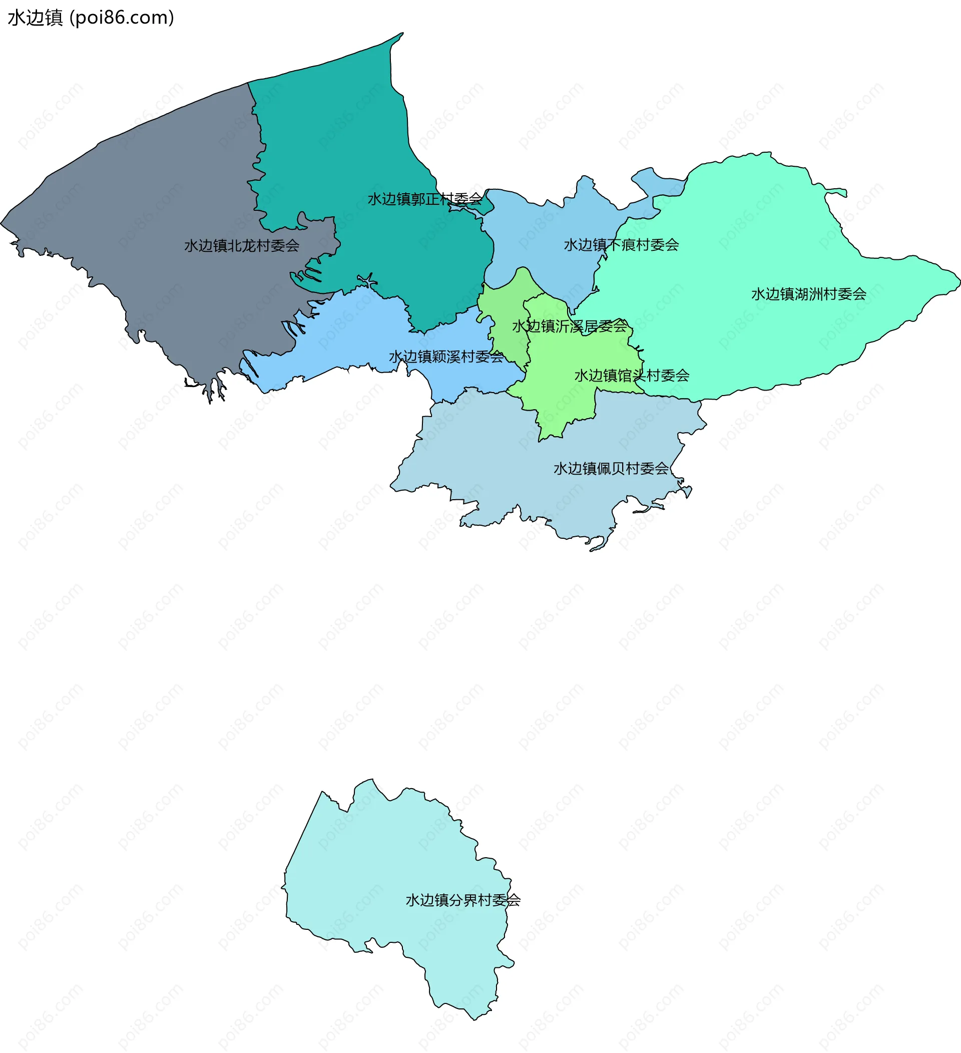 水边镇边界地图(五级行政区划)