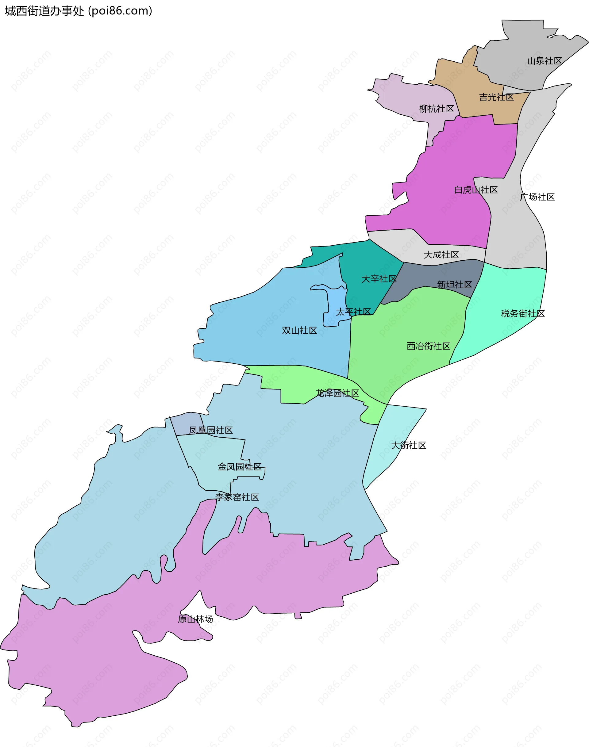 城西街道办事处边界地图(五级行政区划)