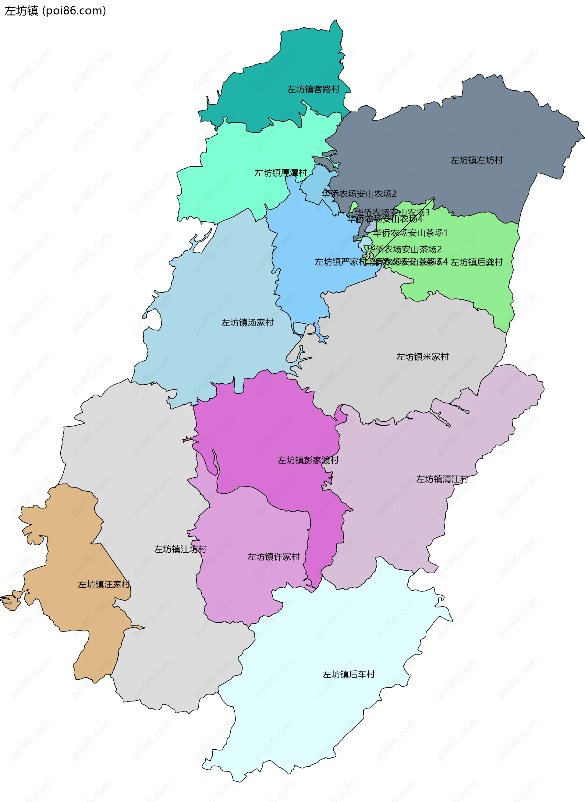 左坊镇边界地图(五级行政区划)