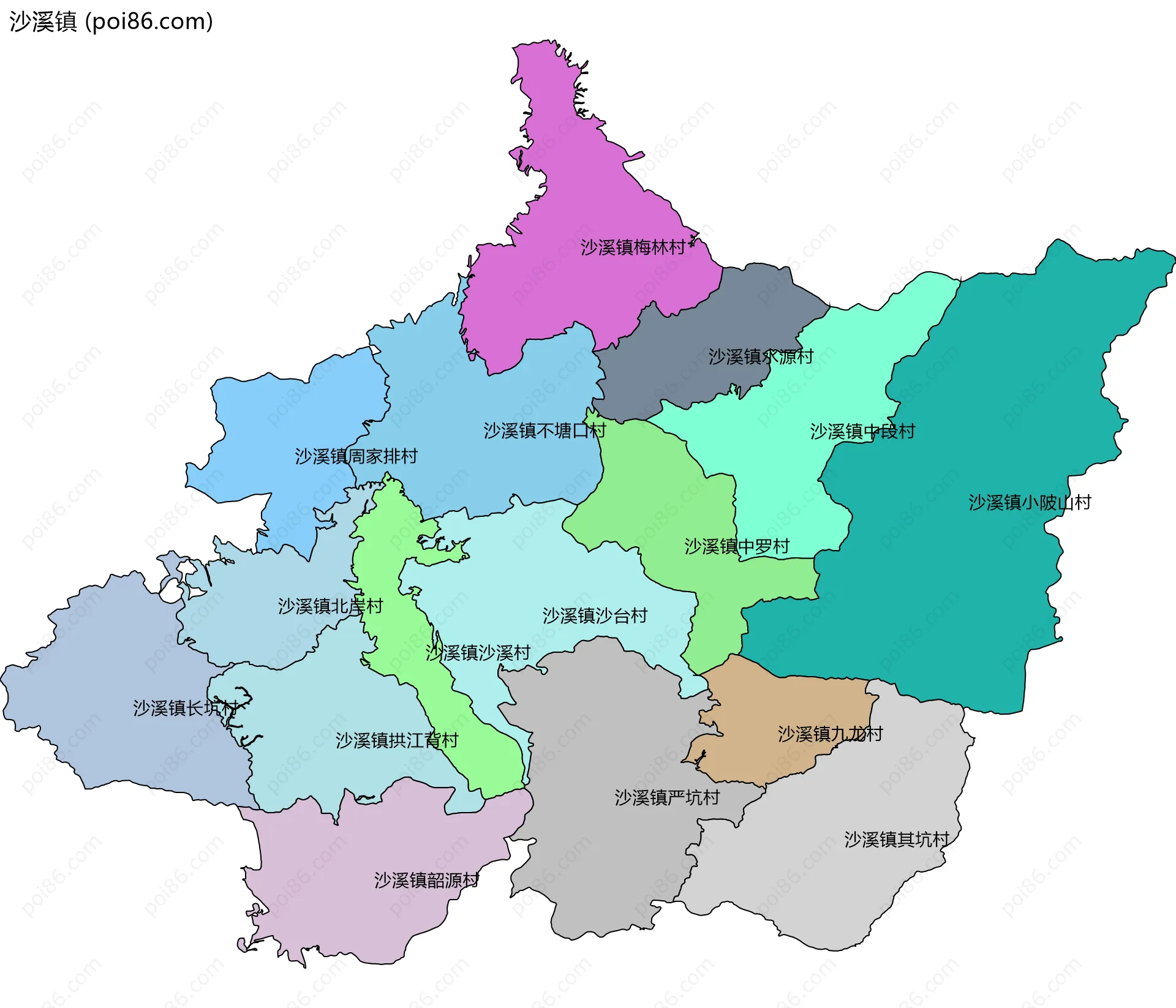 沙溪镇边界地图(五级行政区划)