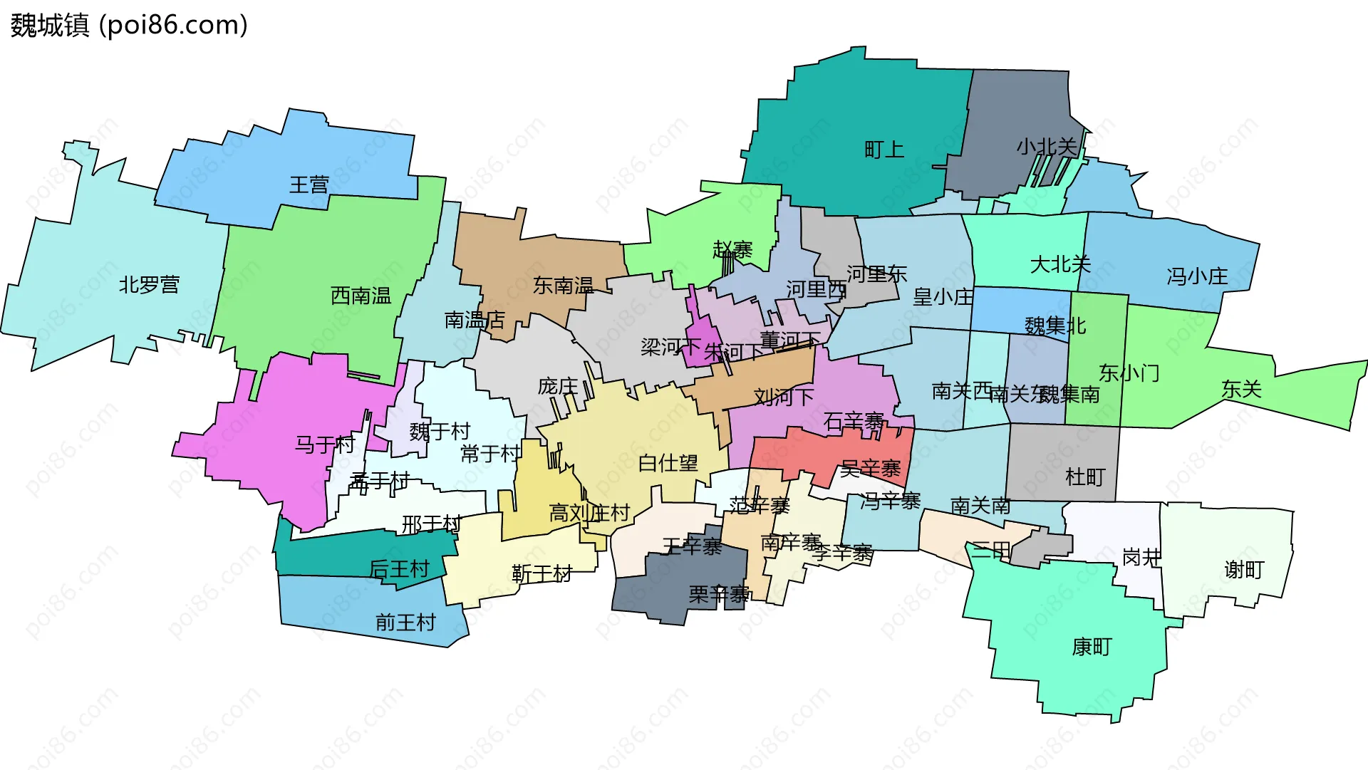 魏城镇边界地图(五级行政区划)