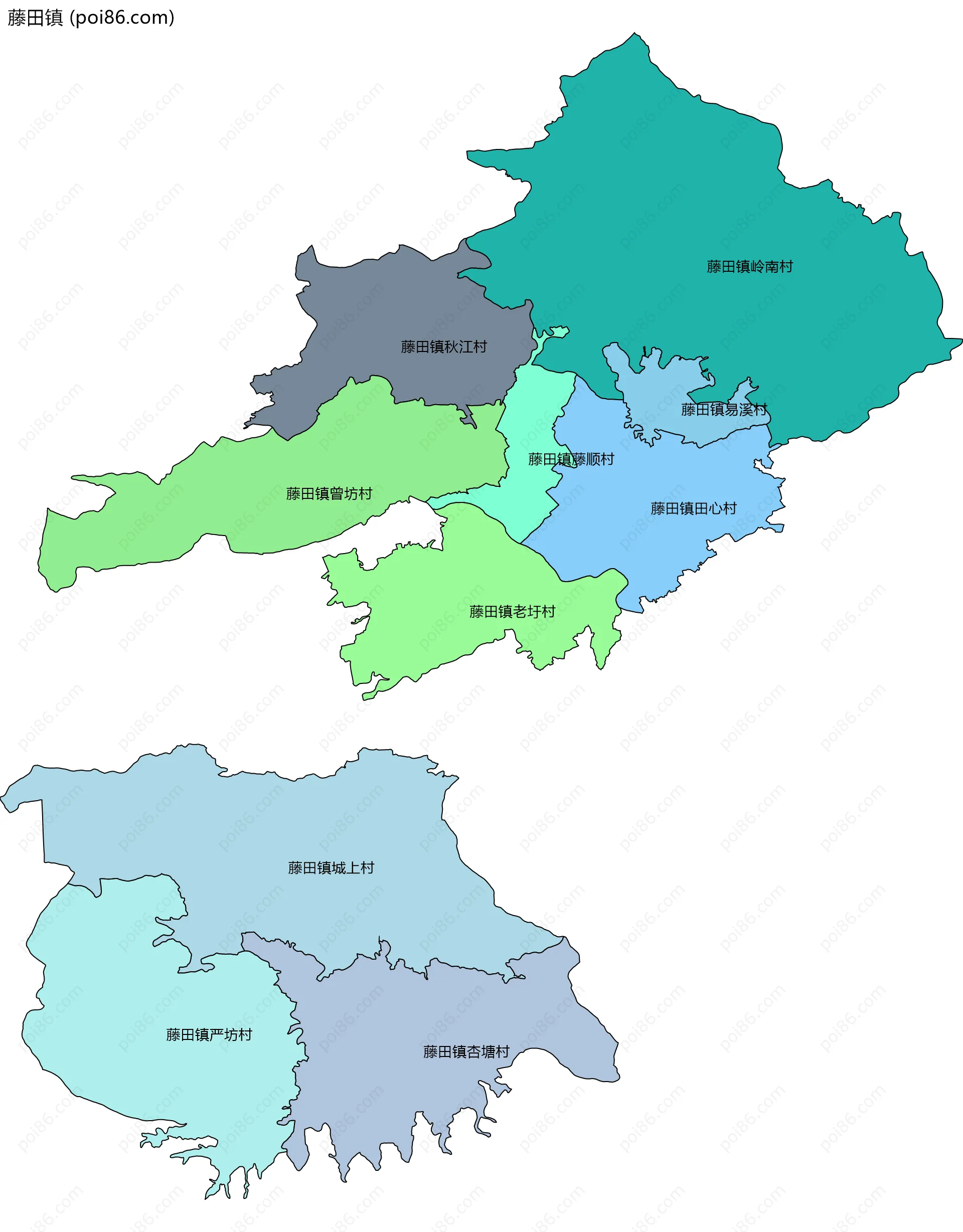 藤田镇边界地图(五级行政区划)