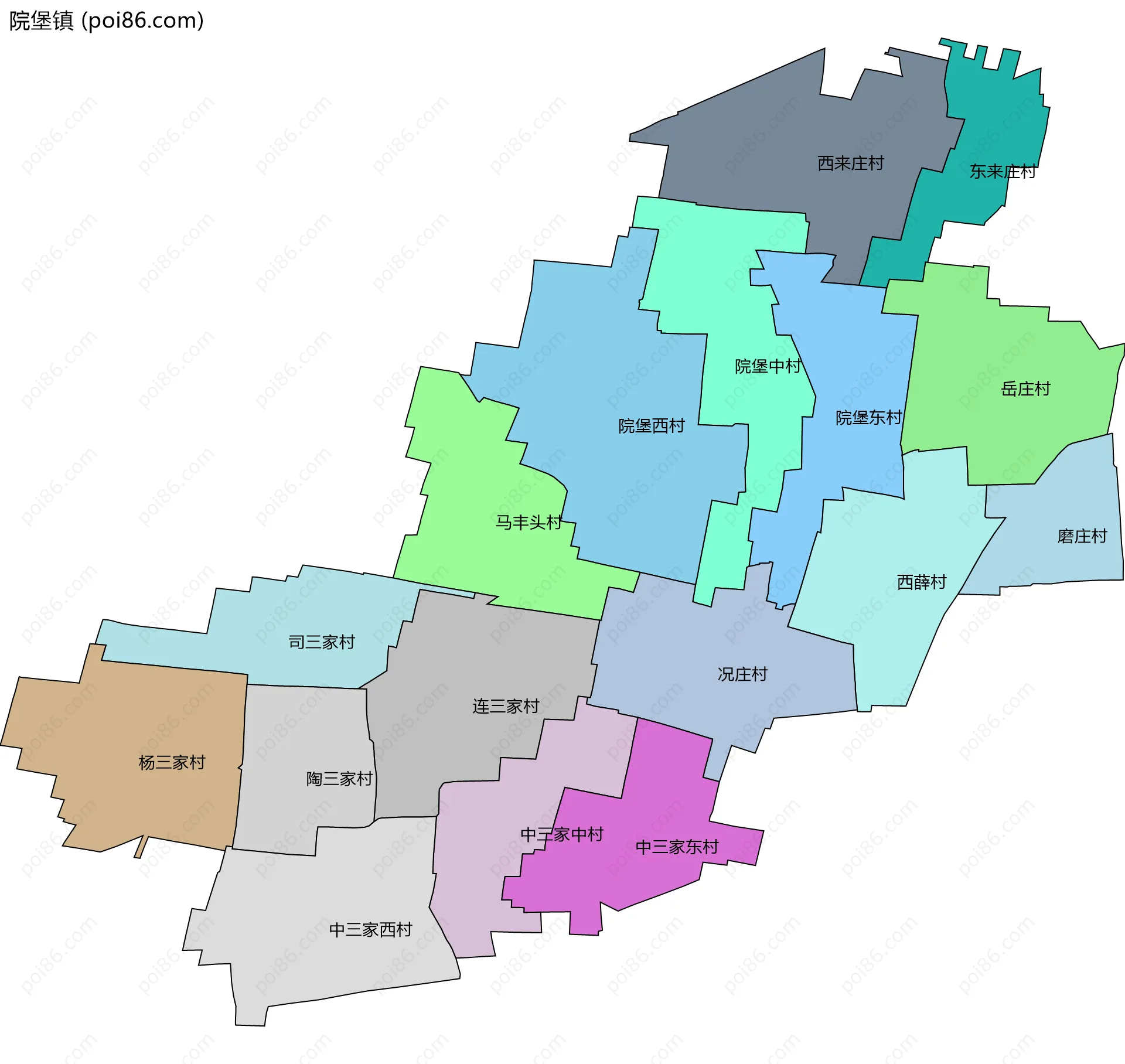 院堡镇边界地图(五级行政区划)