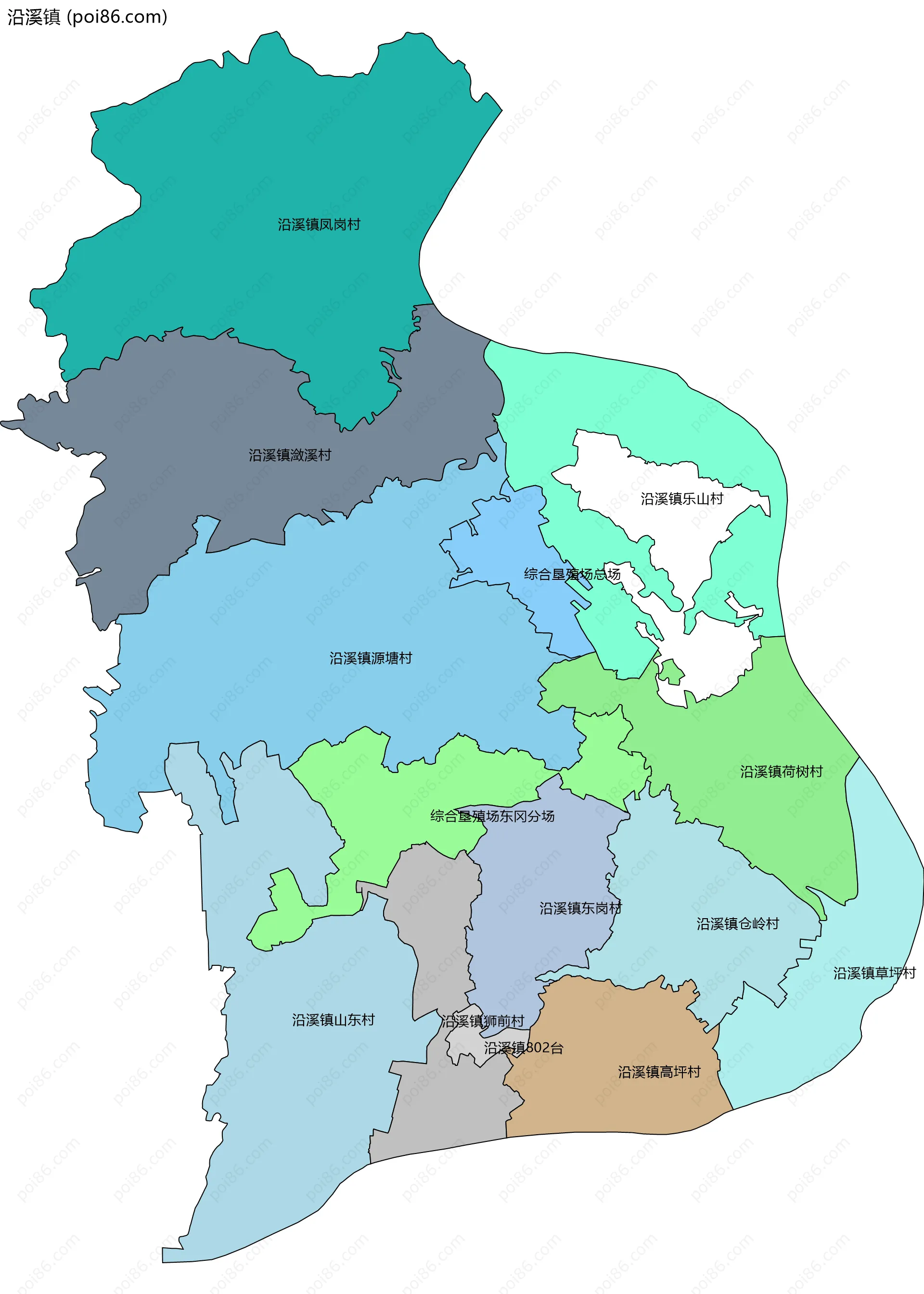 沿溪镇边界地图(五级行政区划)