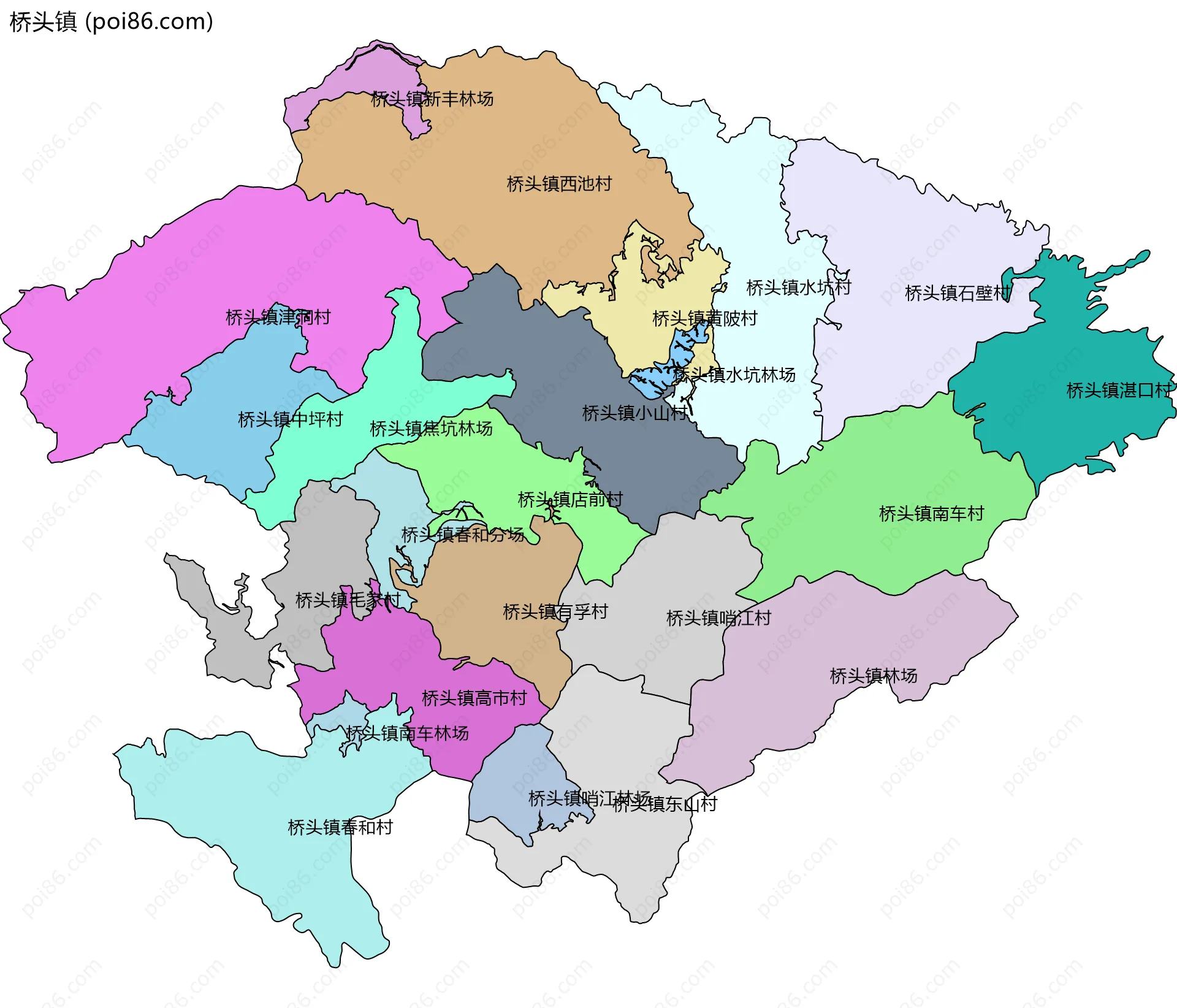 桥头镇边界地图(五级行政区划)