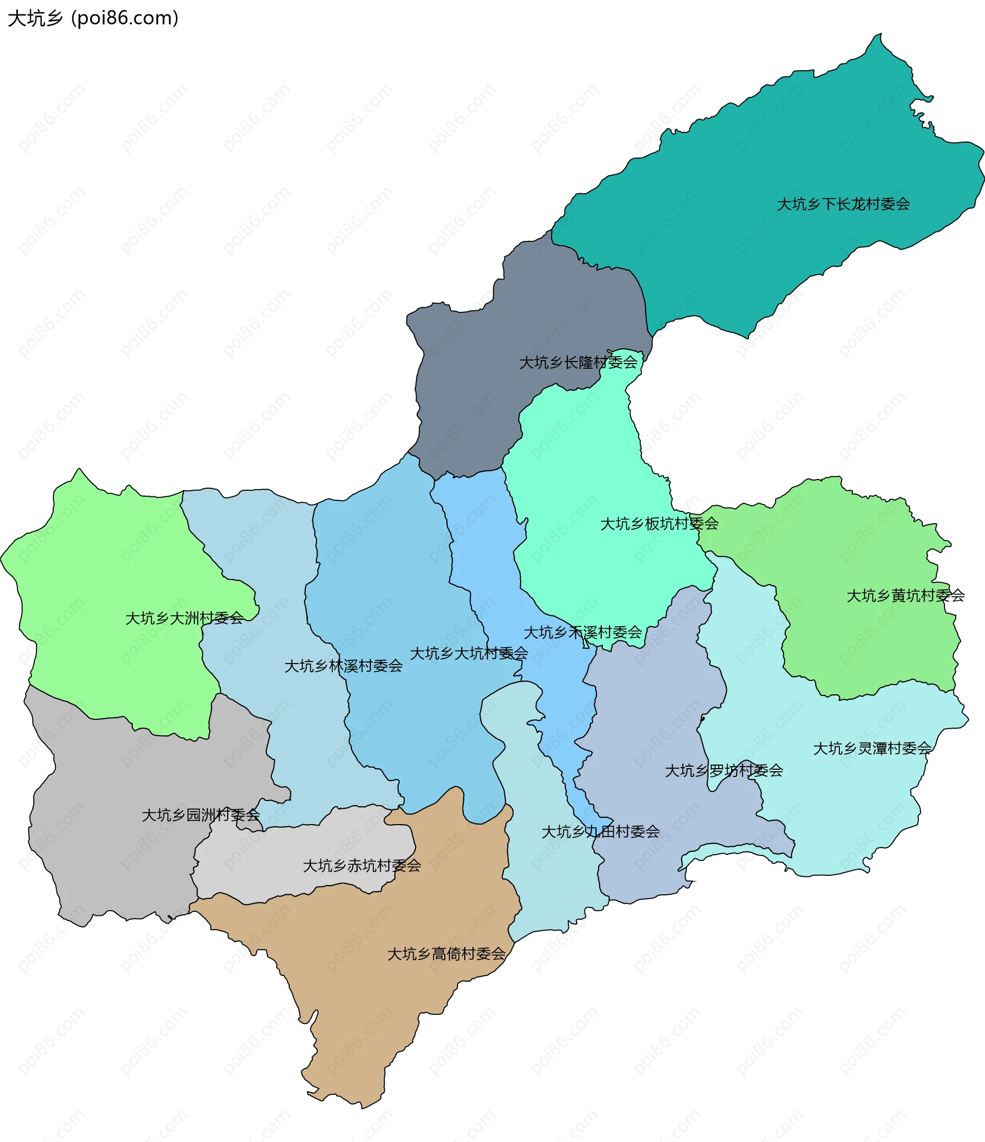 大坑乡边界地图(五级行政区划)