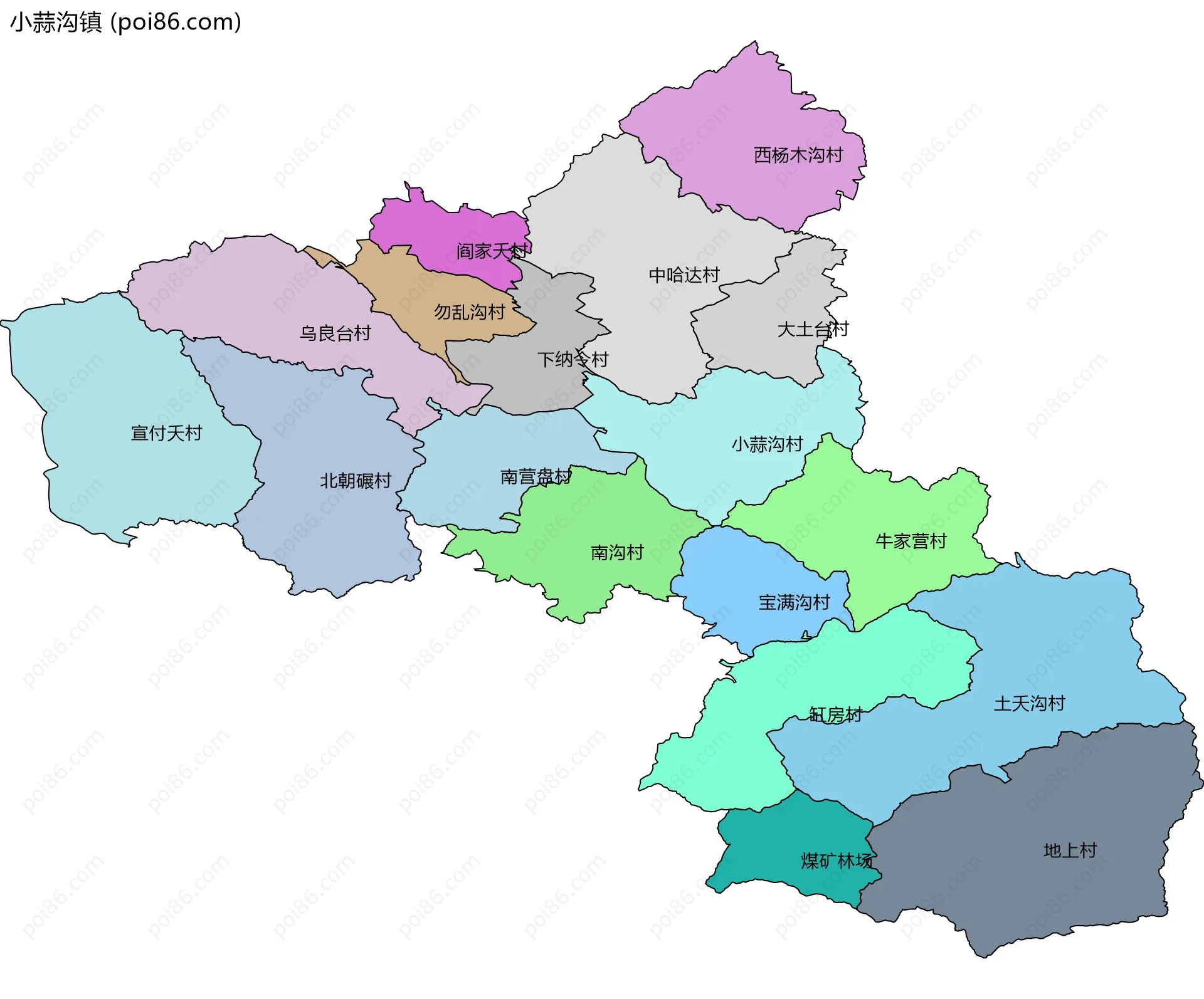 小蒜沟镇边界地图(五级行政区划)