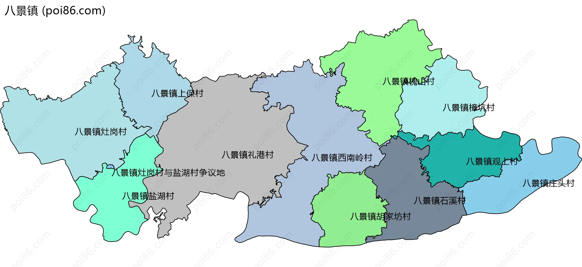 八景镇边界地图(五级行政区划)
