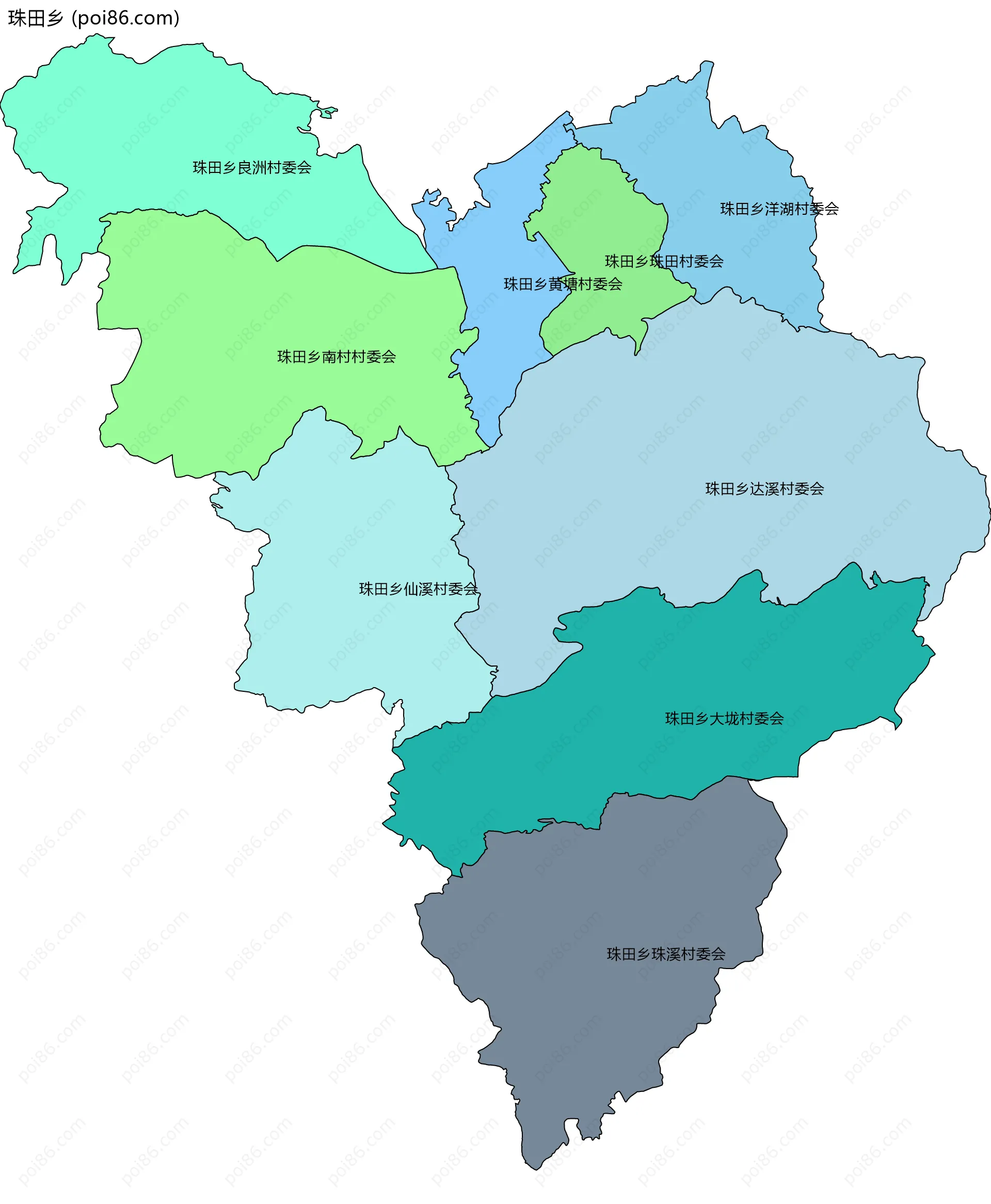 珠田乡边界地图(五级行政区划)