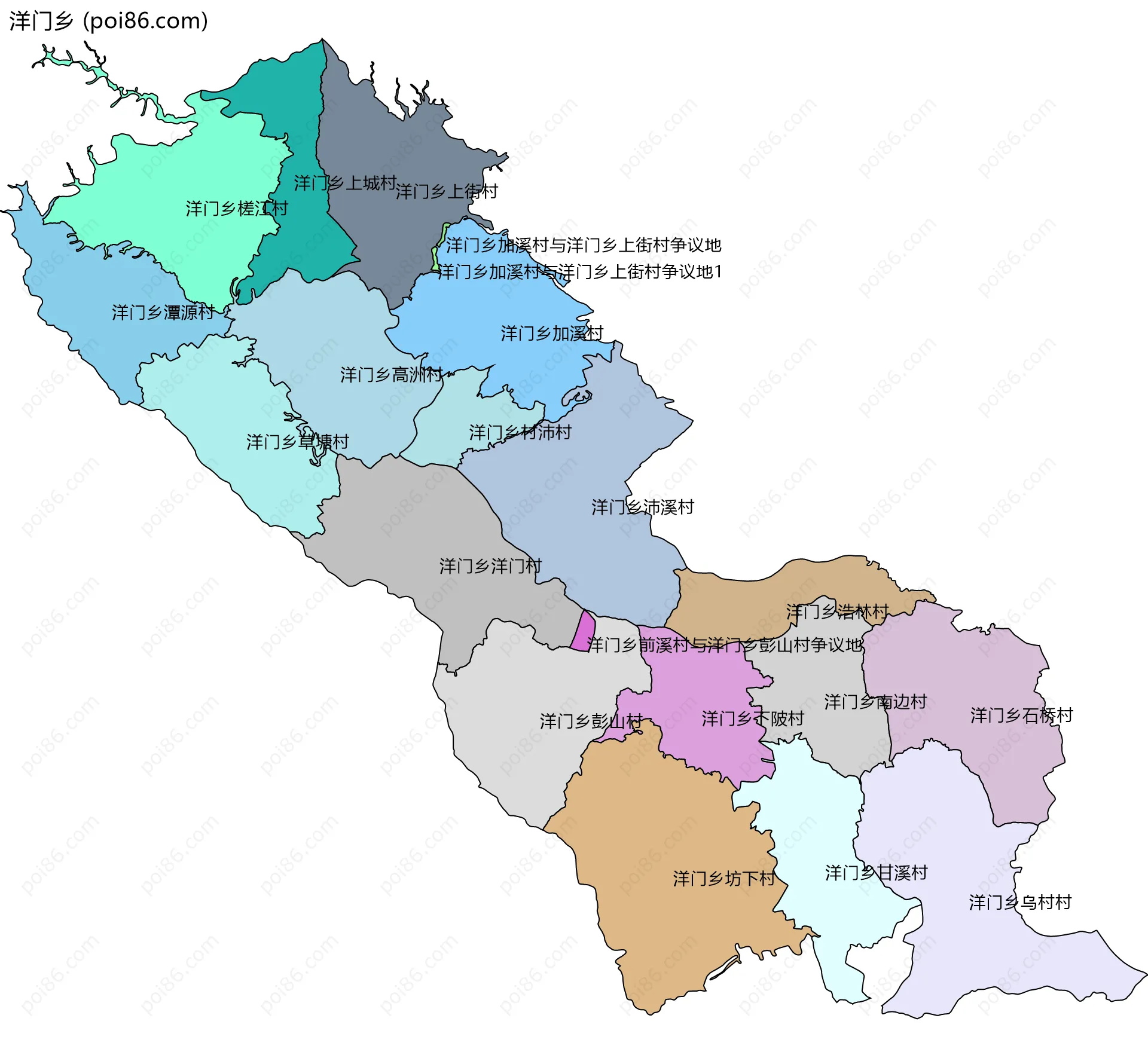 洋门乡边界地图(五级行政区划)