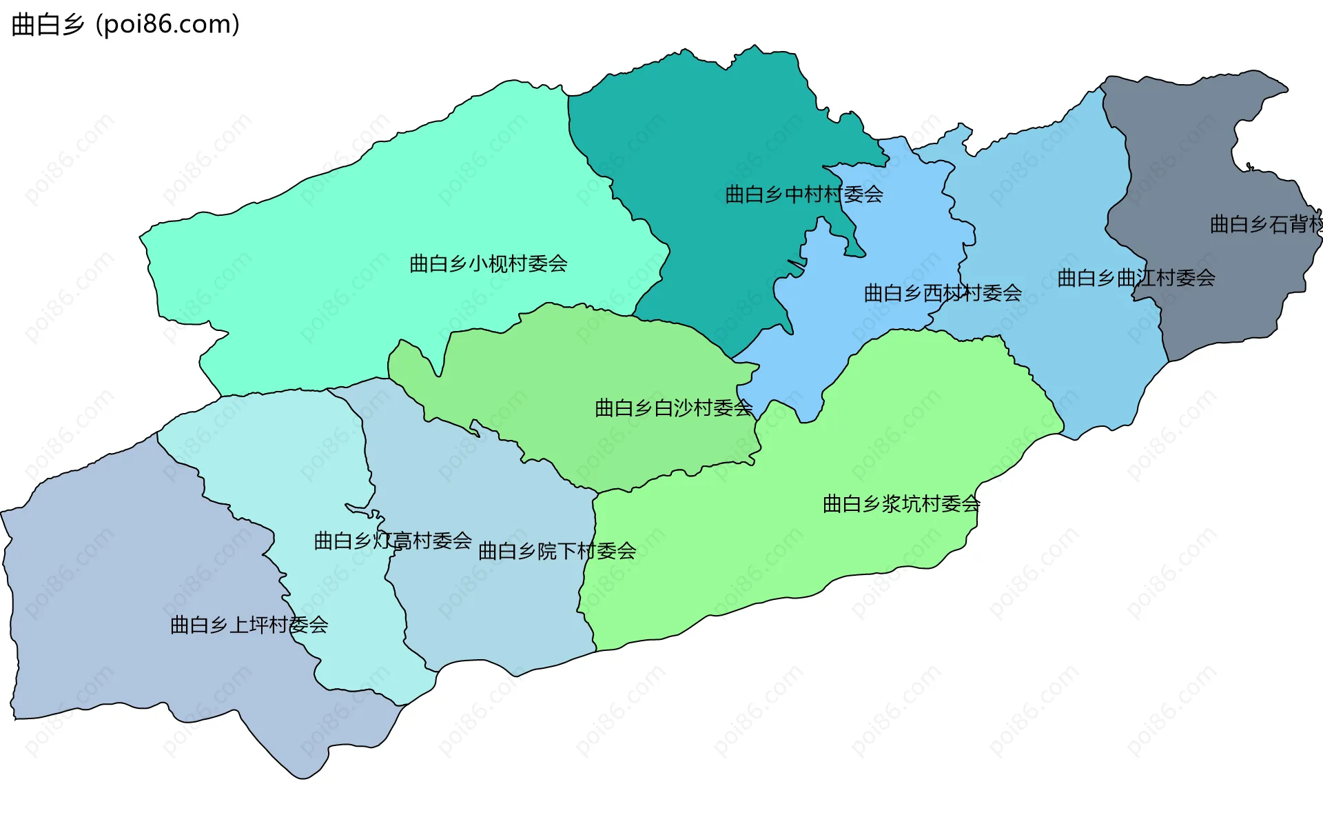 曲白乡边界地图(五级行政区划)