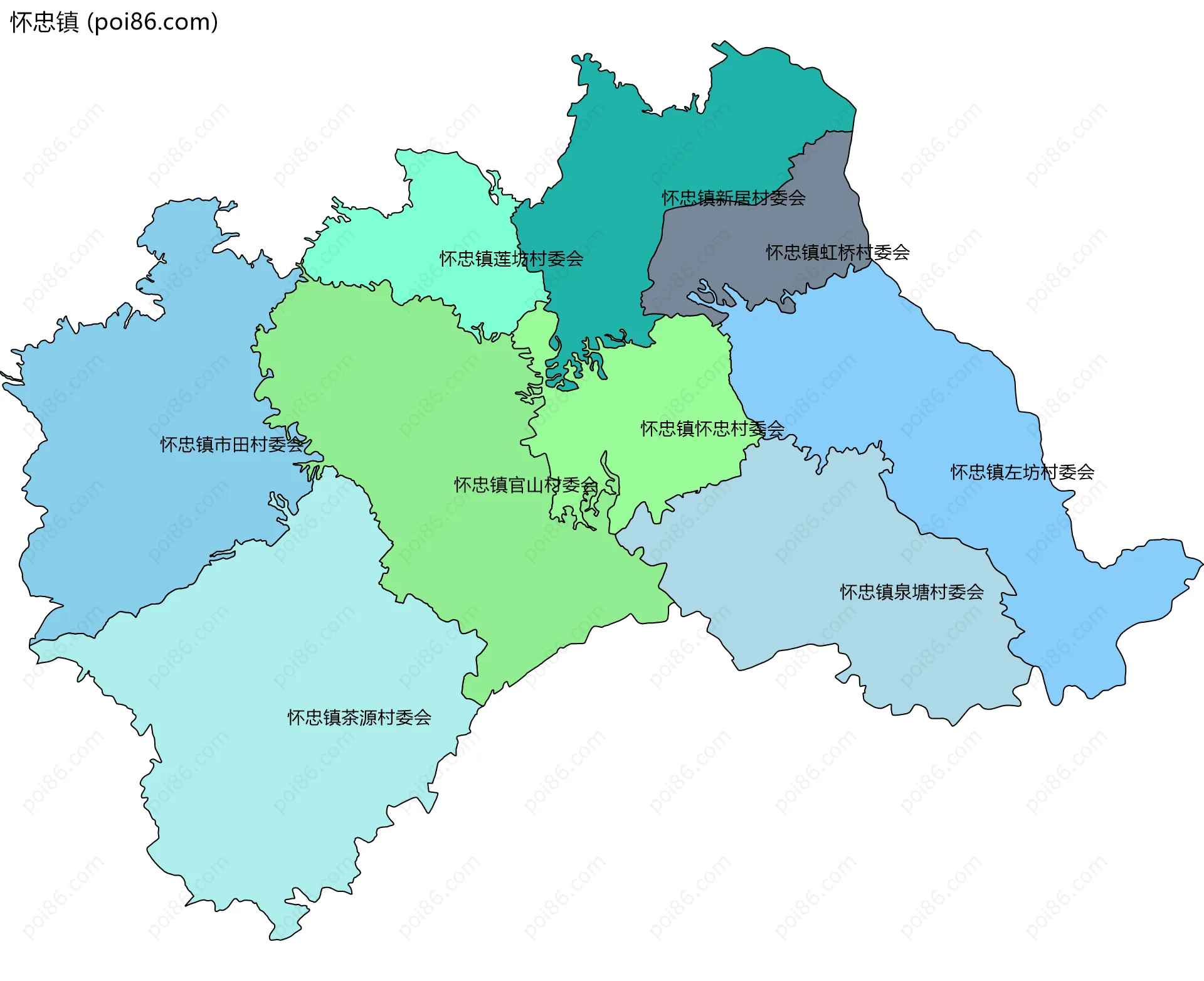怀忠镇边界地图(五级行政区划)