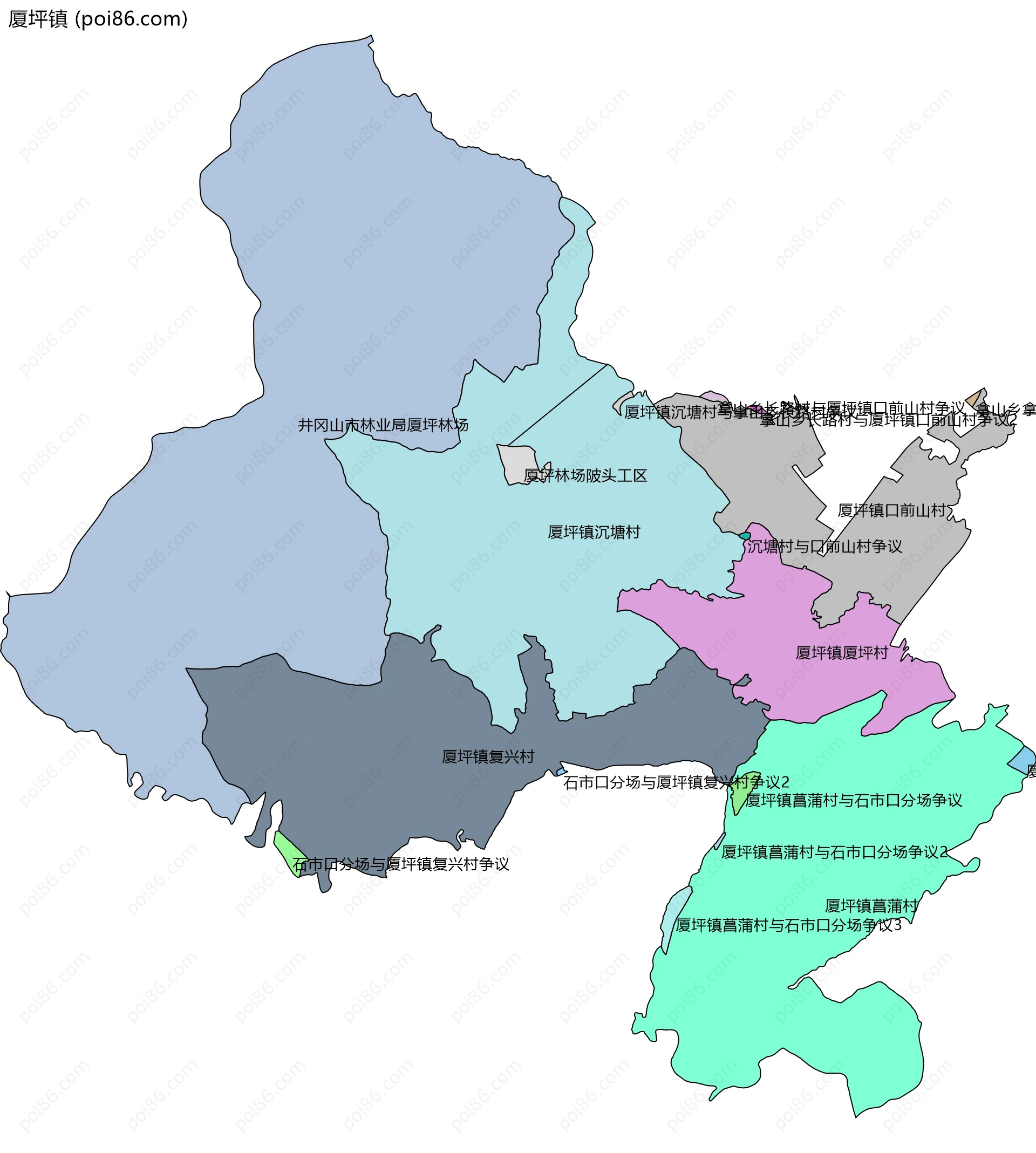 厦坪镇边界地图(五级行政区划)
