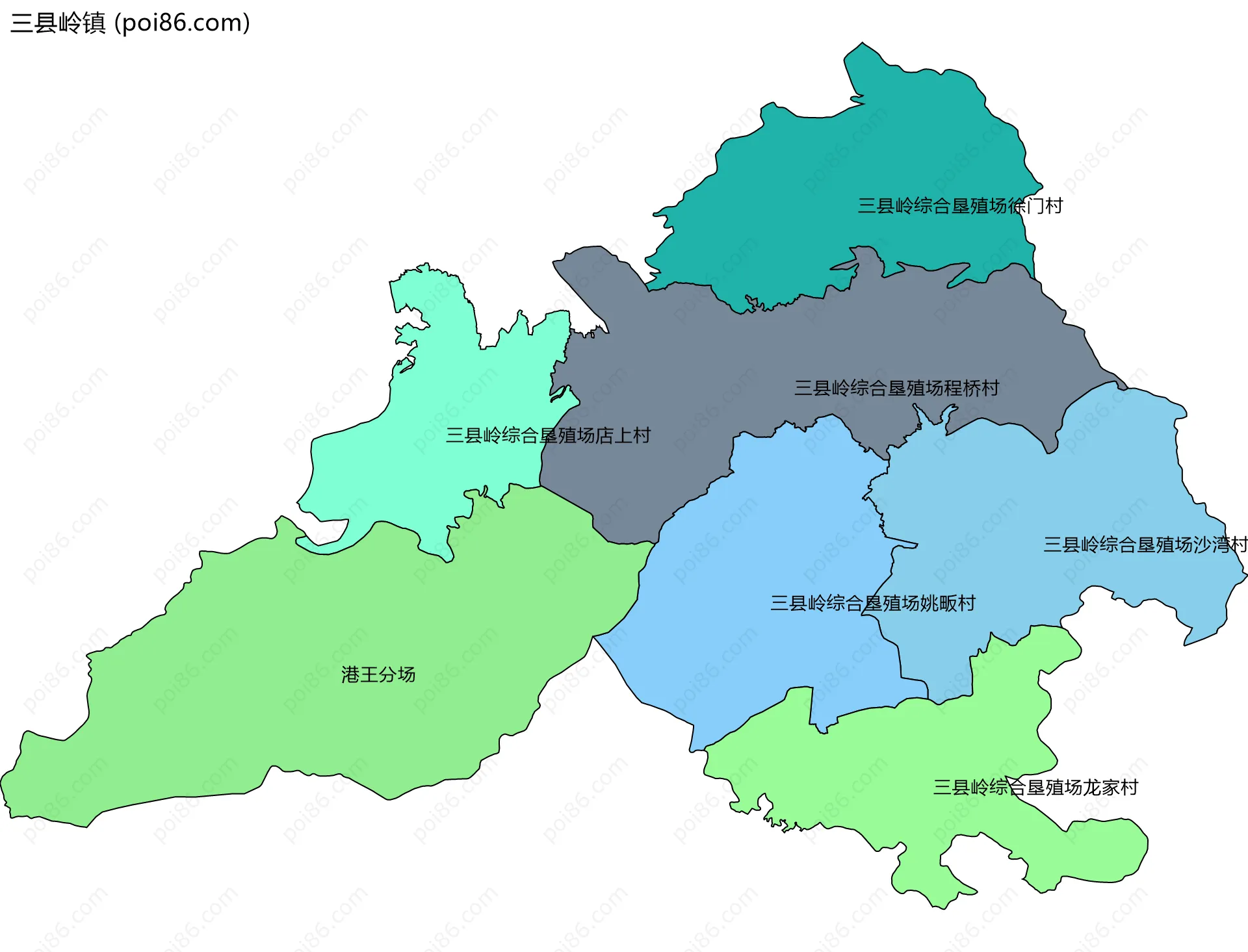 三县岭镇边界地图(五级行政区划)