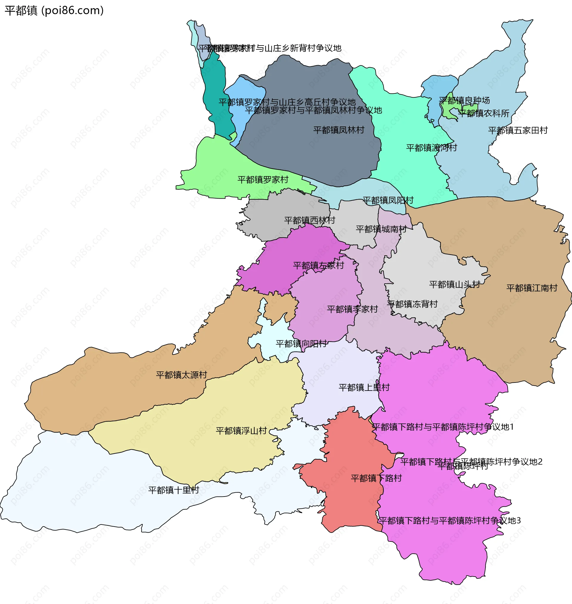 平都镇边界地图(五级行政区划)