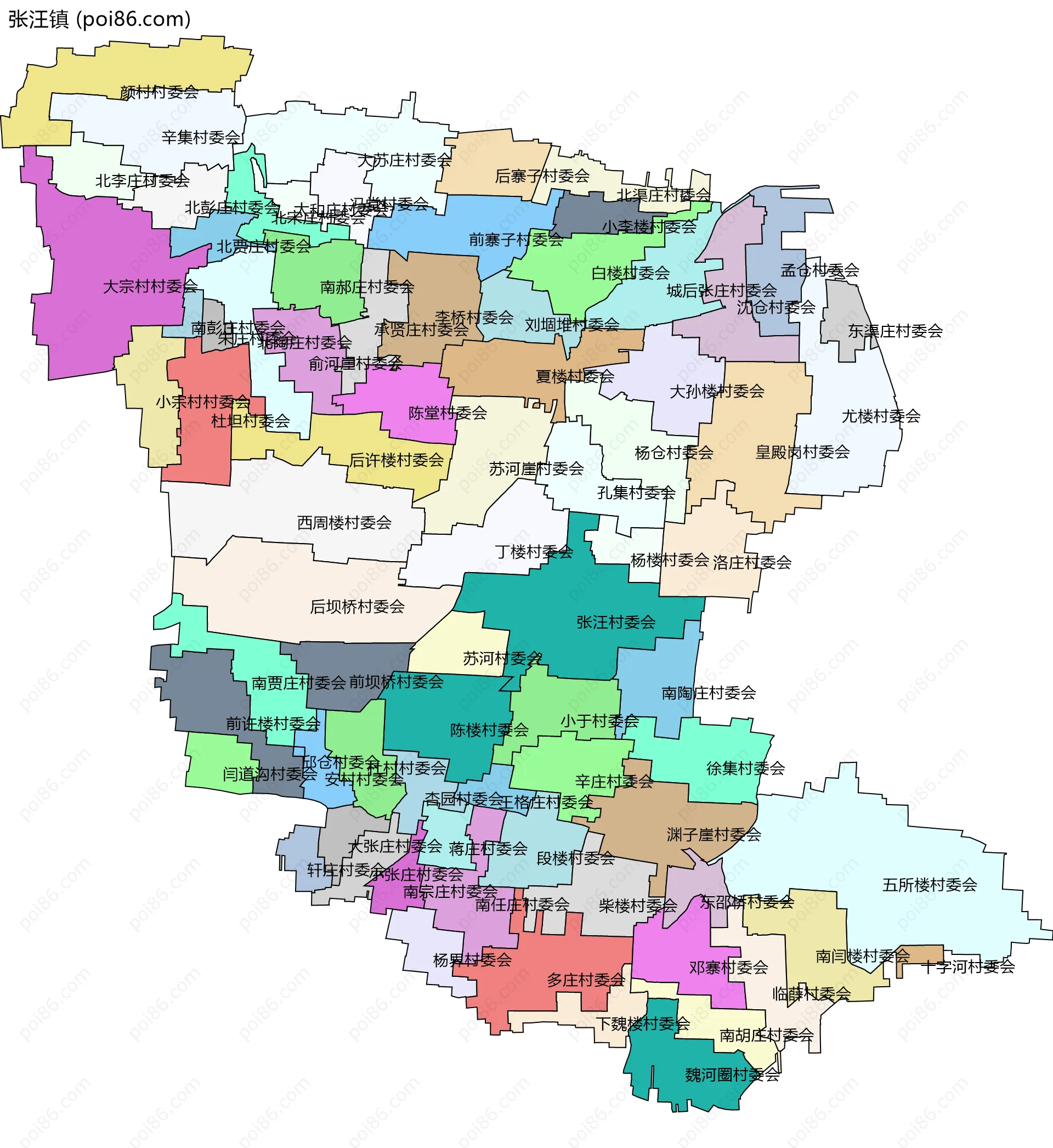 张汪镇边界地图(五级行政区划)