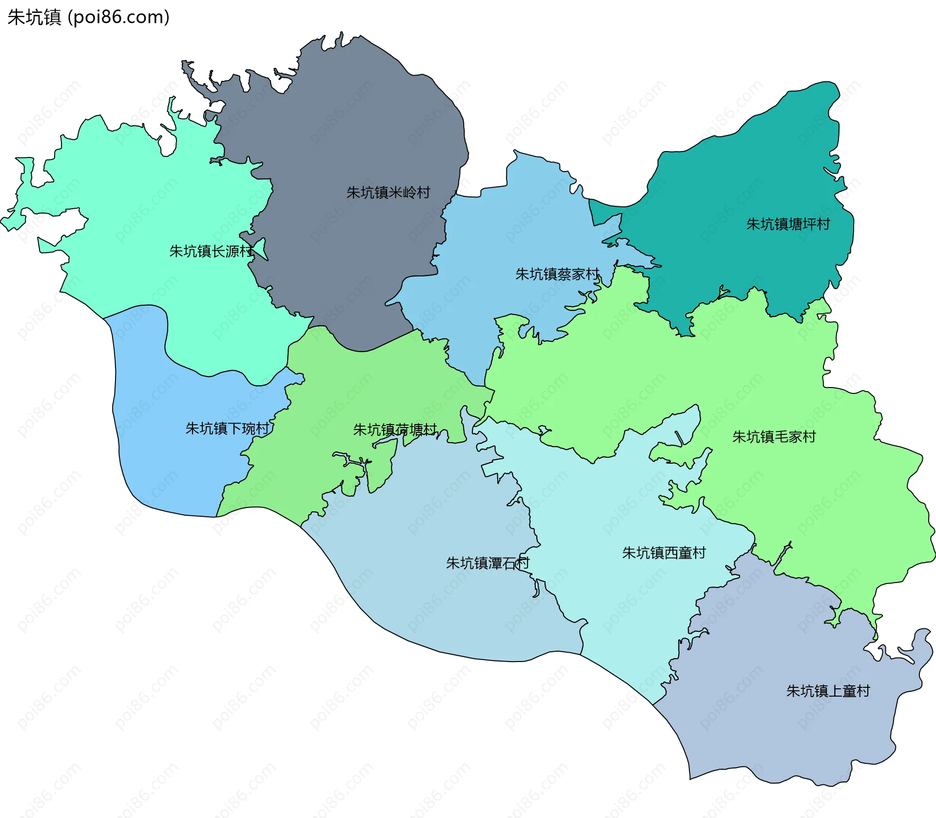 朱坑镇边界地图(五级行政区划)