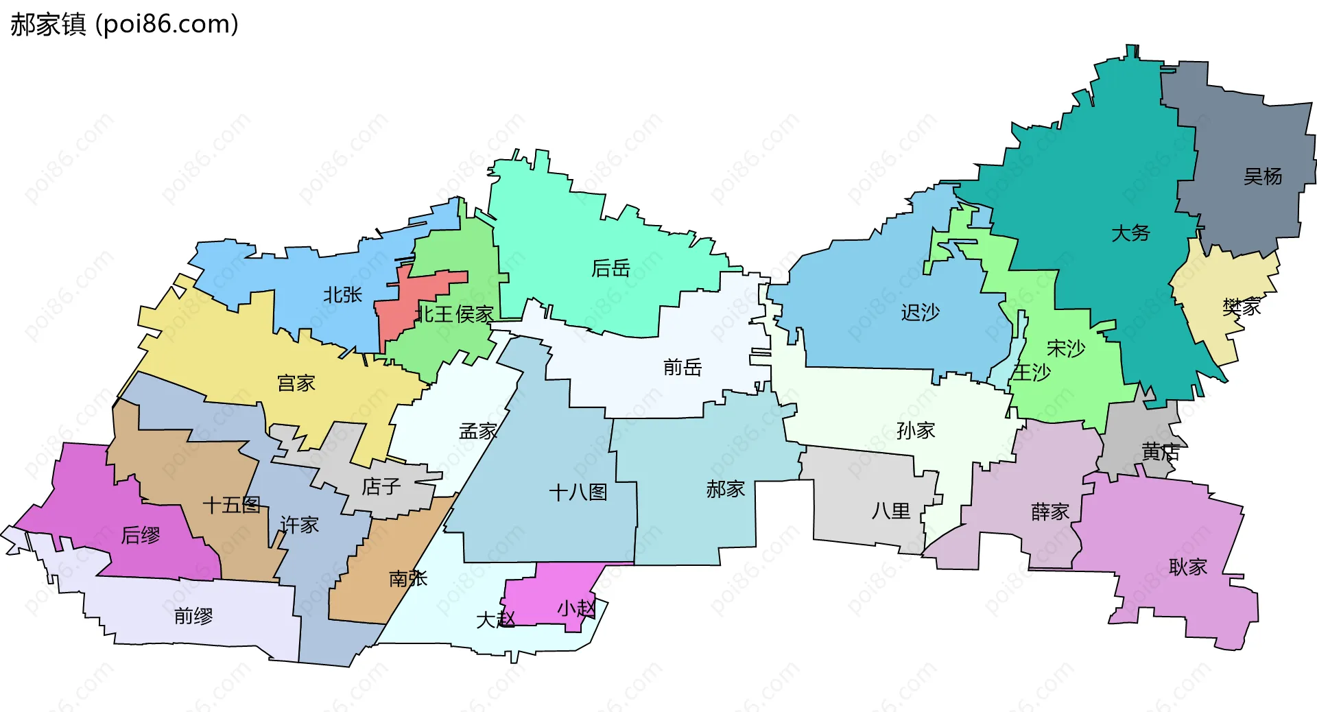 郝家镇边界地图(五级行政区划)