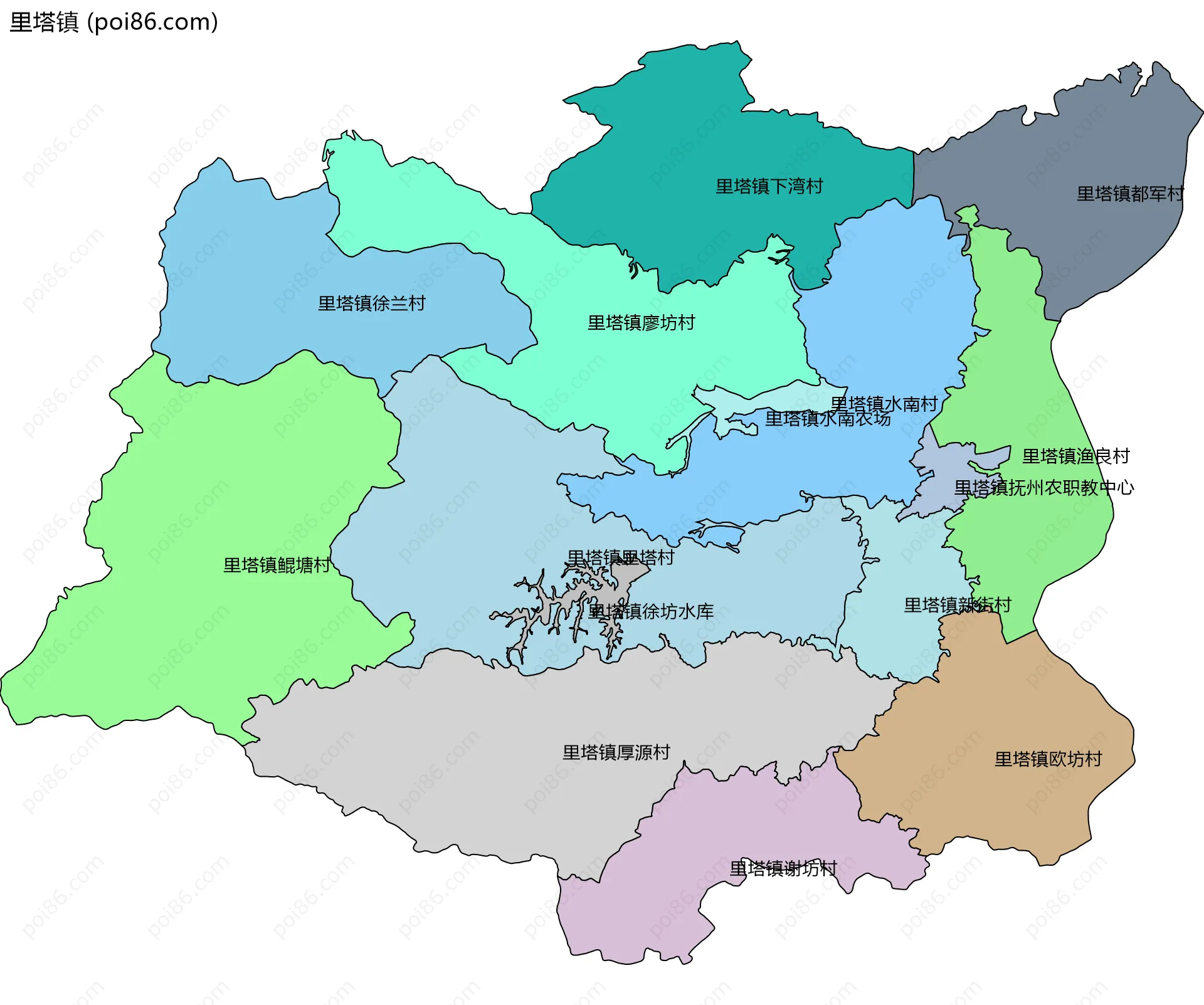里塔镇边界地图(五级行政区划)