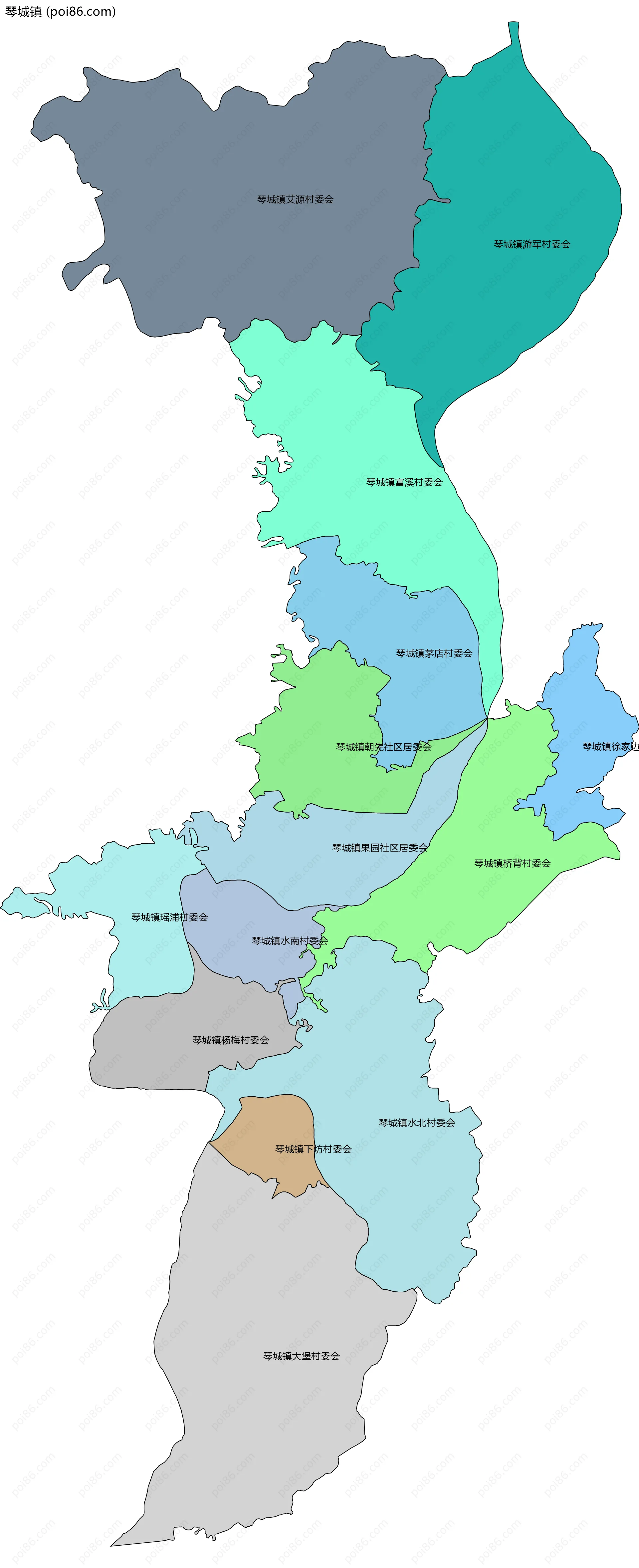 琴城镇边界地图(五级行政区划)