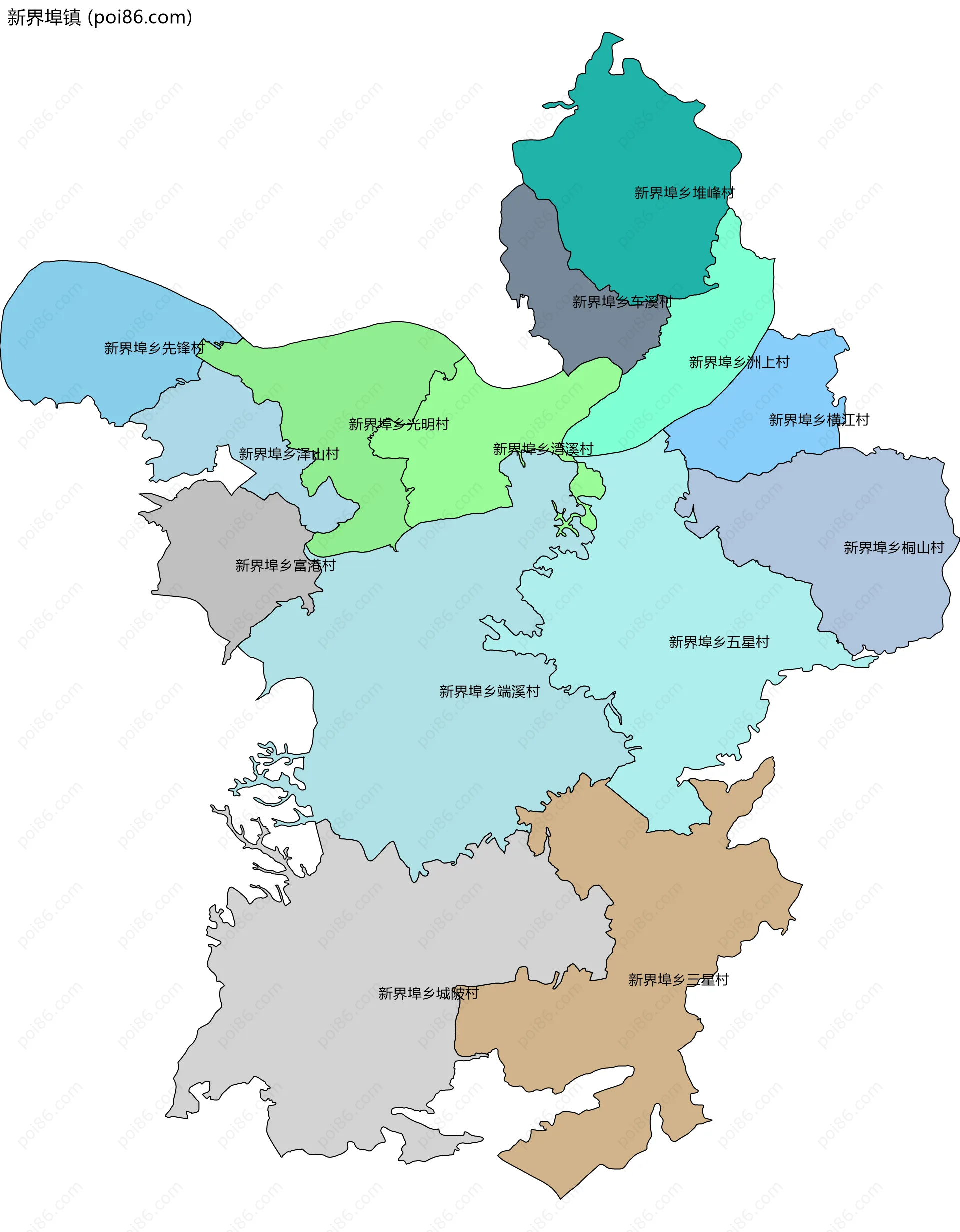 新界埠镇边界地图(五级行政区划)