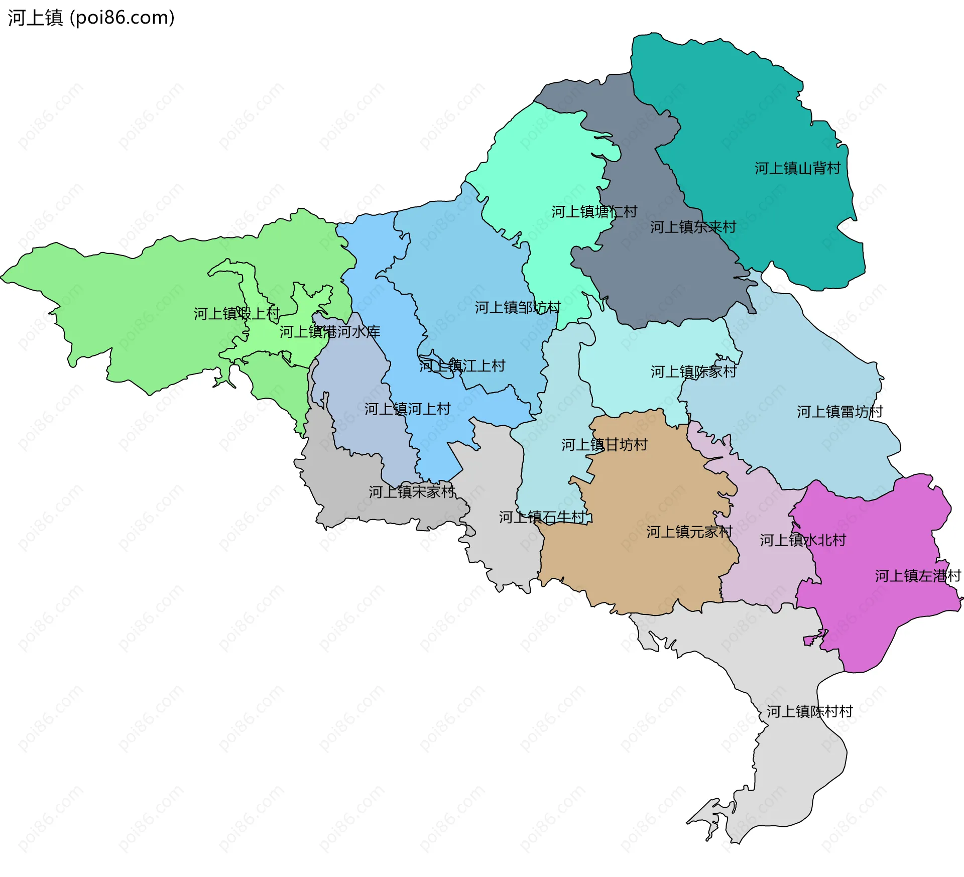 河上镇边界地图(五级行政区划)