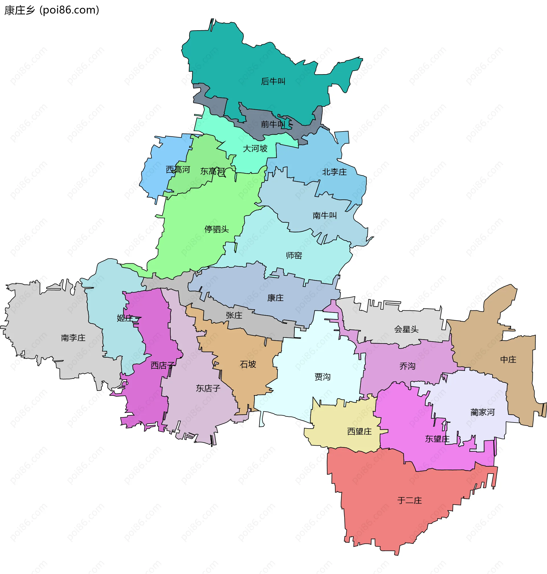 康庄乡边界地图(五级行政区划)