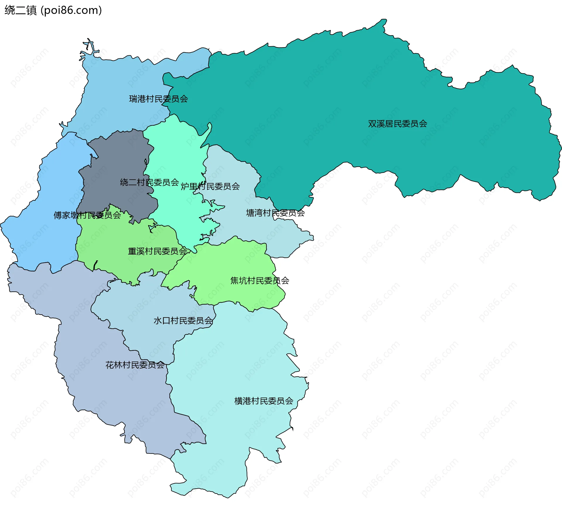 绕二镇边界地图(五级行政区划)