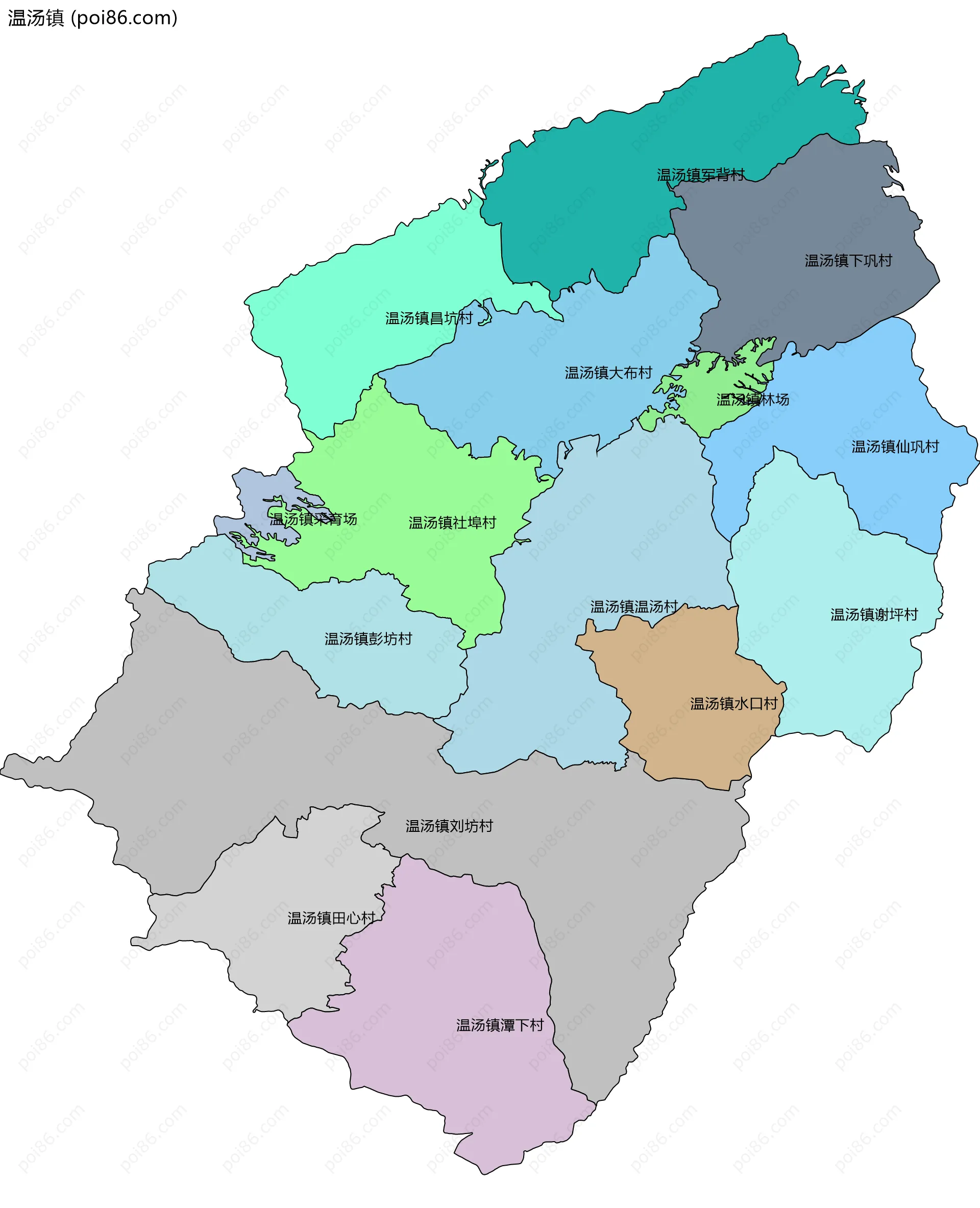 温汤镇边界地图(五级行政区划)