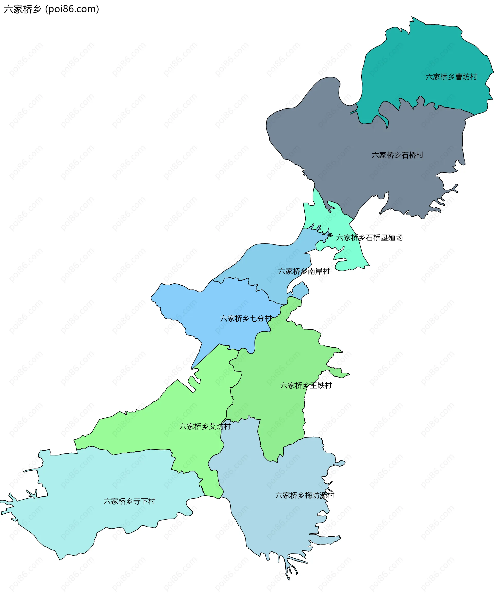 六家桥乡边界地图(五级行政区划)