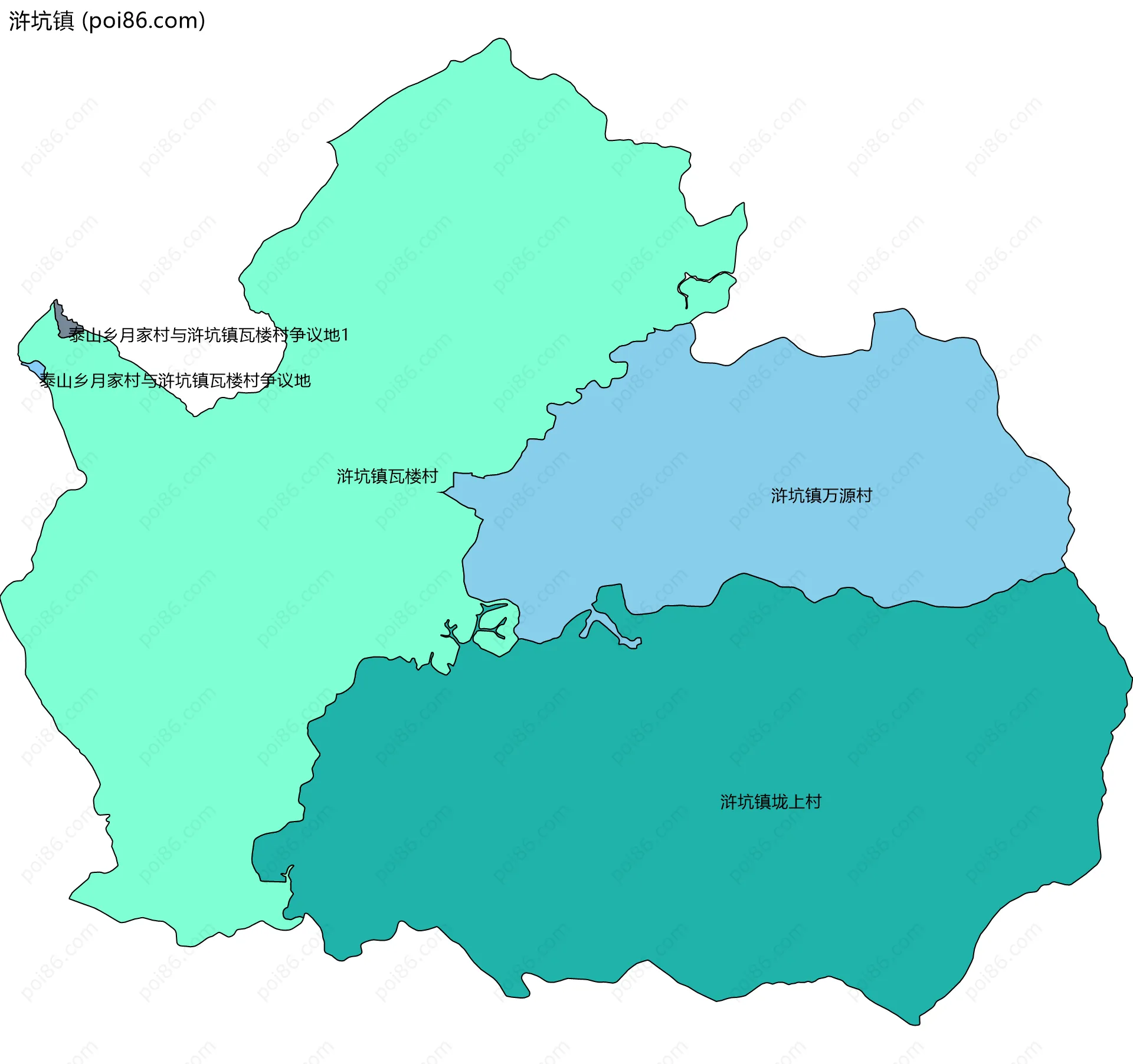 浒坑镇边界地图(五级行政区划)