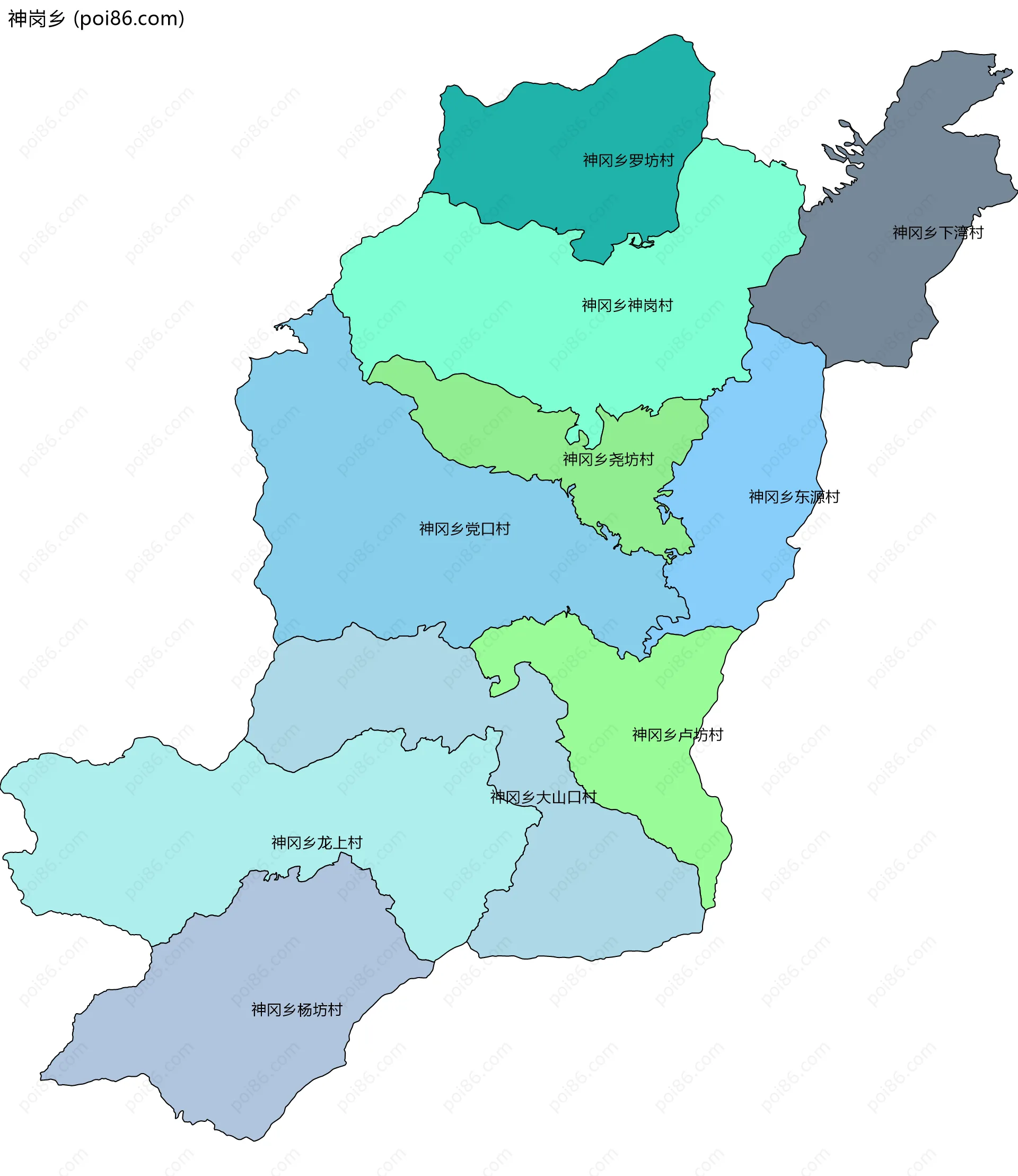 神岗乡边界地图(五级行政区划)