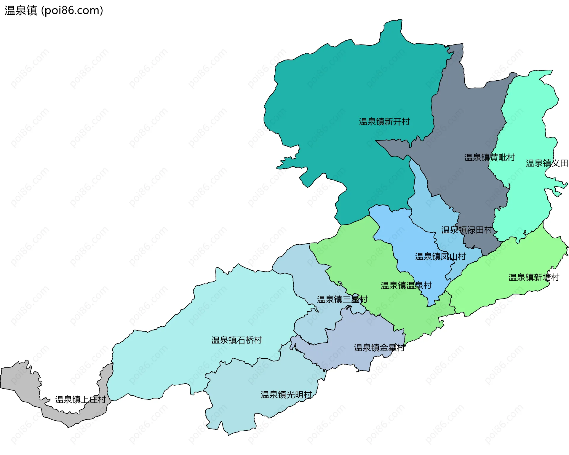 温泉镇边界地图(五级行政区划)